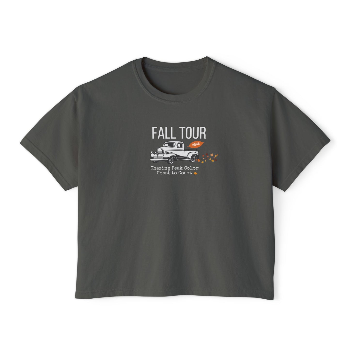 Fall Concert Style Leaf Peeping Graphic Tee, Fall Leaves and Colors Travel Theme- Women's Relaxed Short Sleeve Boxy Fit T-Shirt