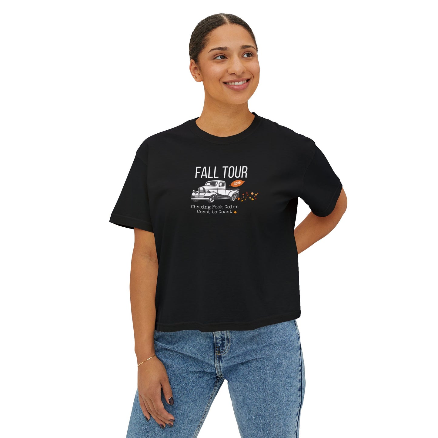 Fall Concert Style Leaf Peeping Graphic Tee, Fall Leaves and Colors Travel Theme- Women's Relaxed Short Sleeve Boxy Fit T-Shirt