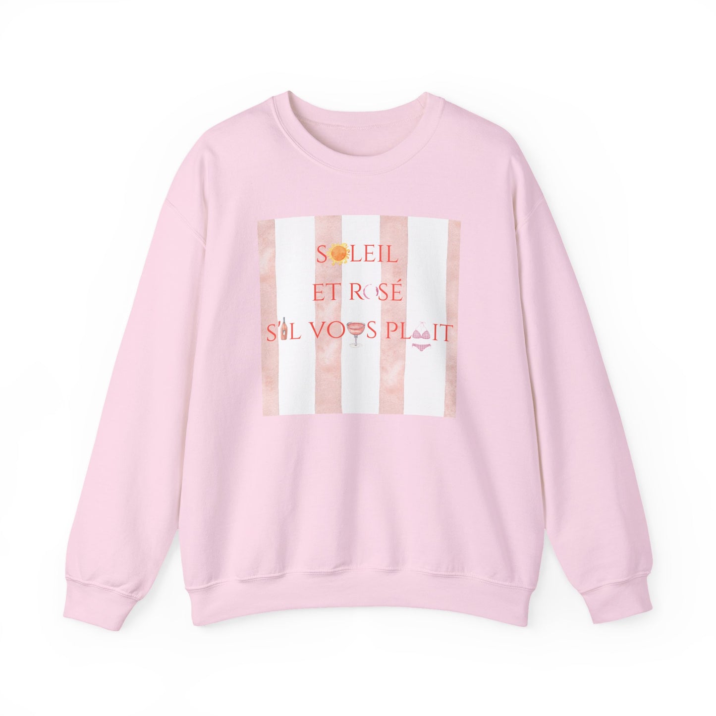 France-Inspired Rosé Summer Striped Graphic Crewneck Sweatshirt With French Vibes