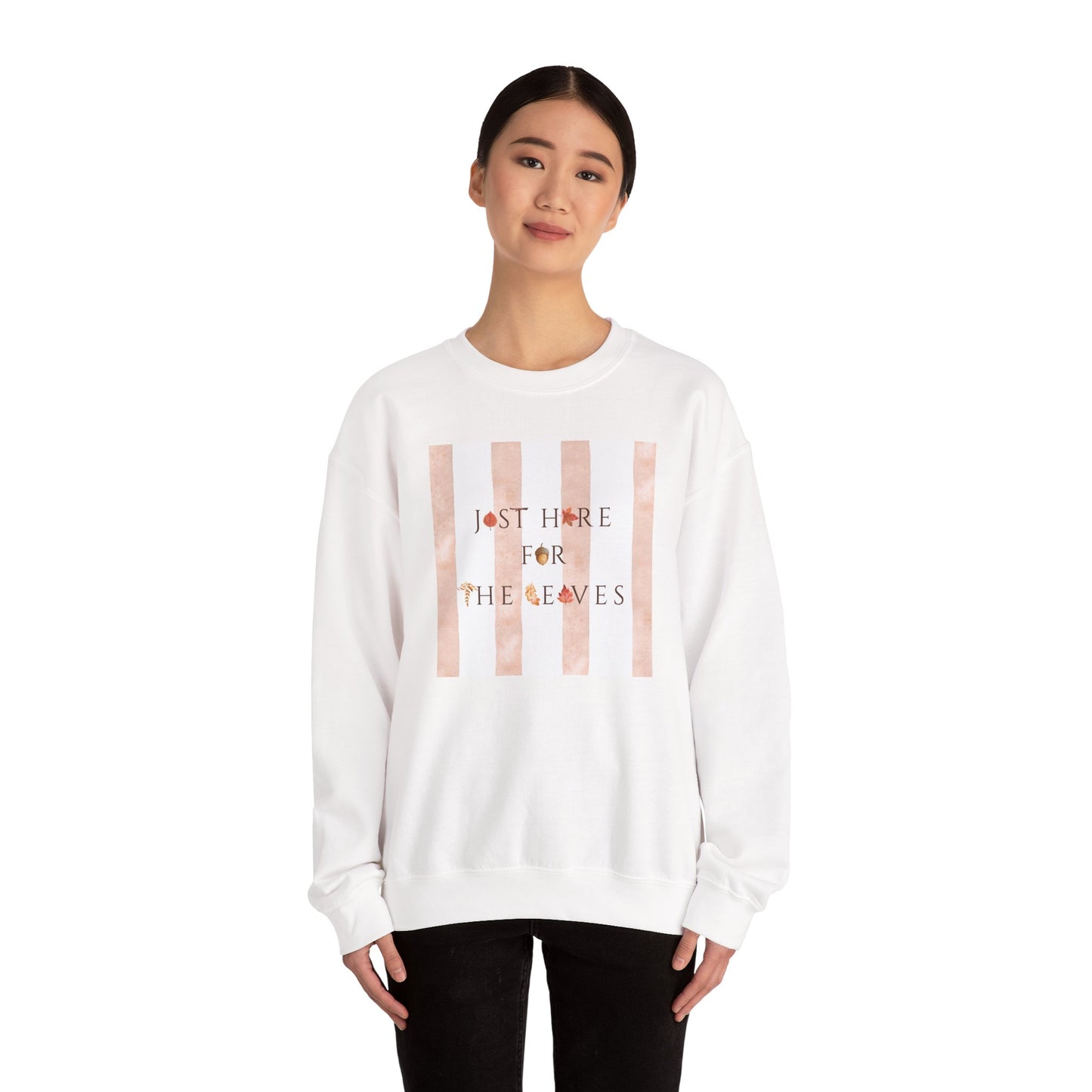 Just Here For the Leaves- Fall Leaf Foliage-Inspired Striped Graphic Crewneck Sweatshirt With Autumn Color Vibes