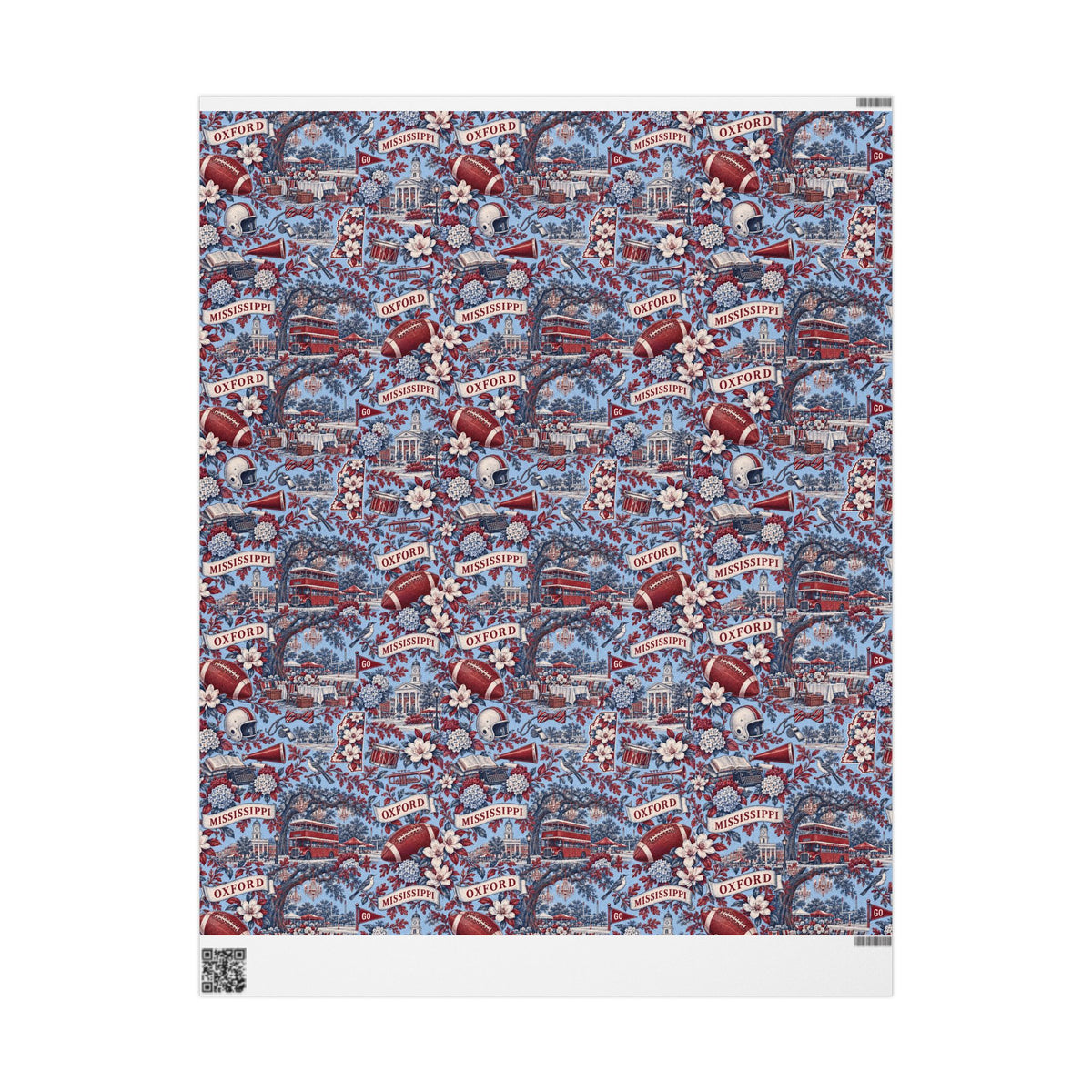 Oxford Mississippi Football Toile Wrapping Paper: Powder Blue and Red Gift Wrap