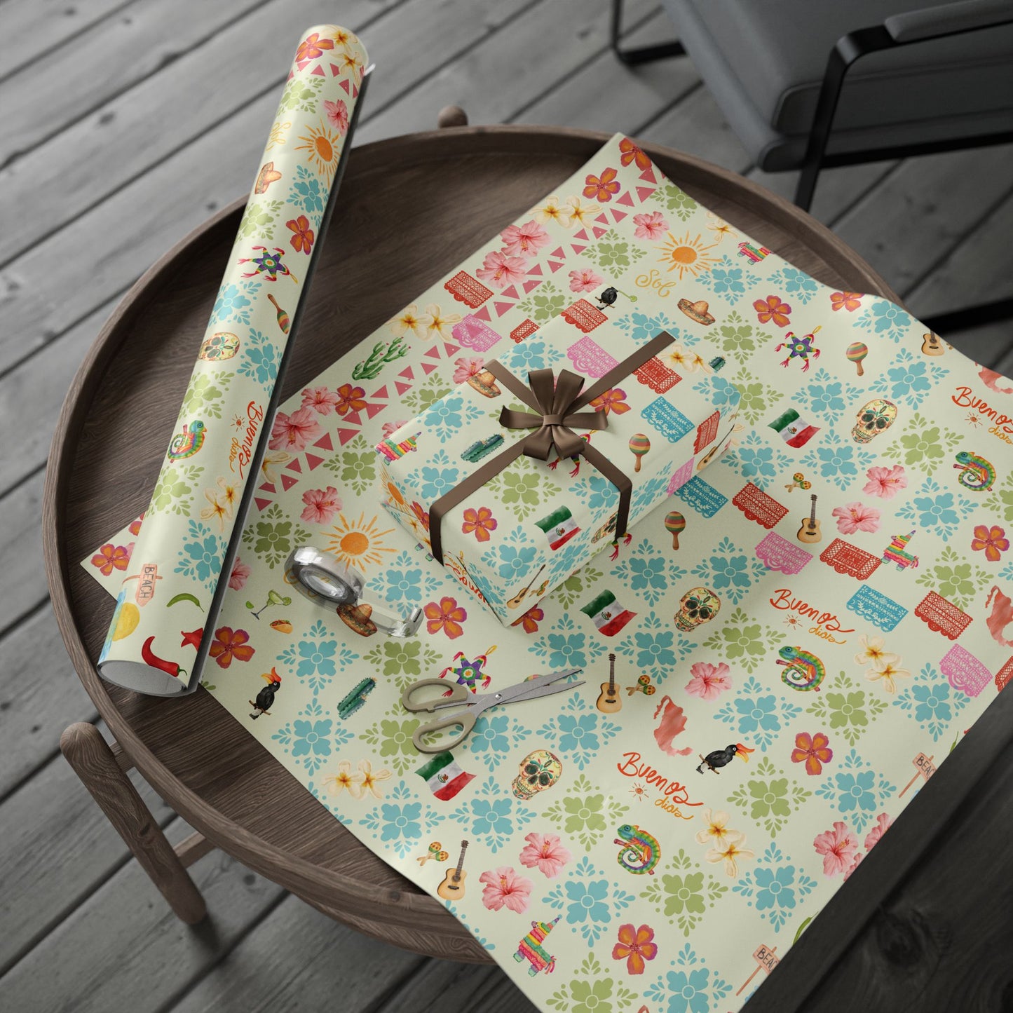 Mexican-patterned paper with scissors on a wooden table