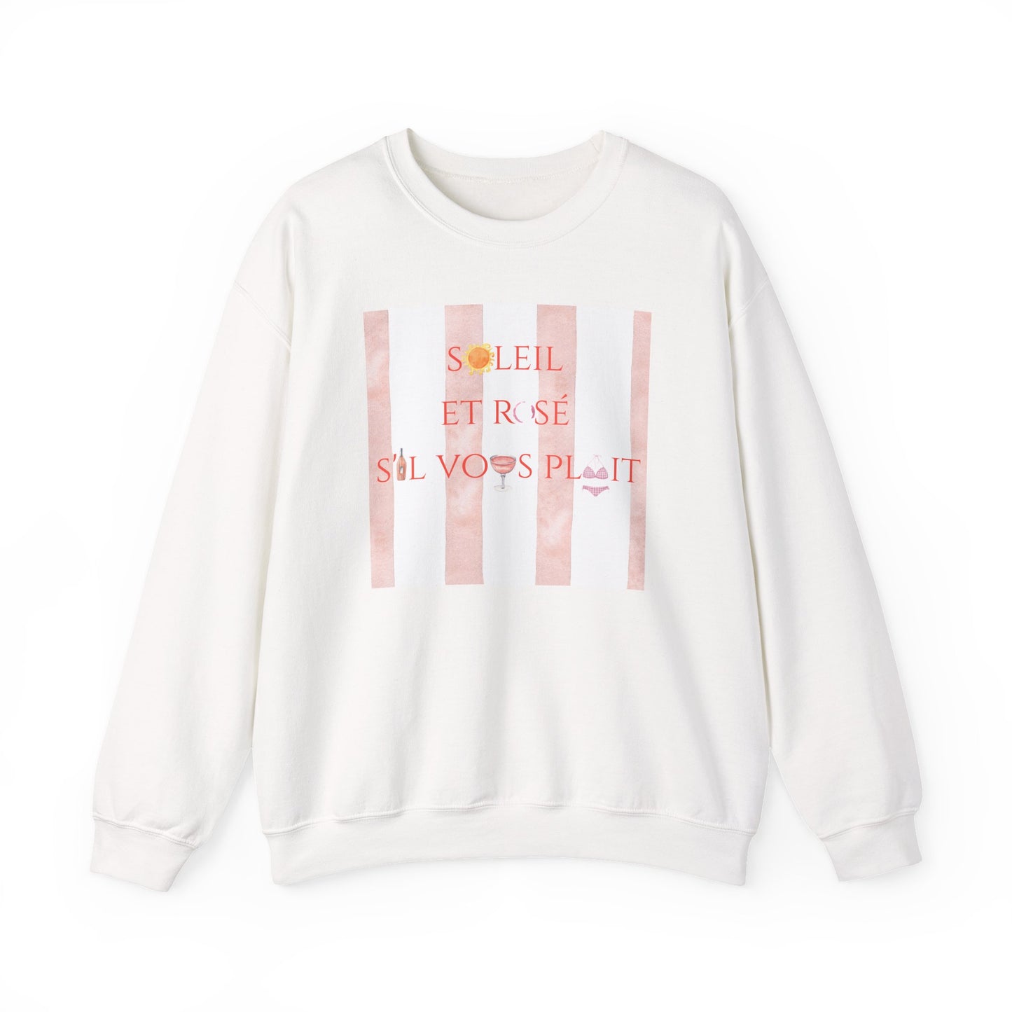 France-Inspired Rosé Summer Striped Graphic Crewneck Sweatshirt With French Vibes