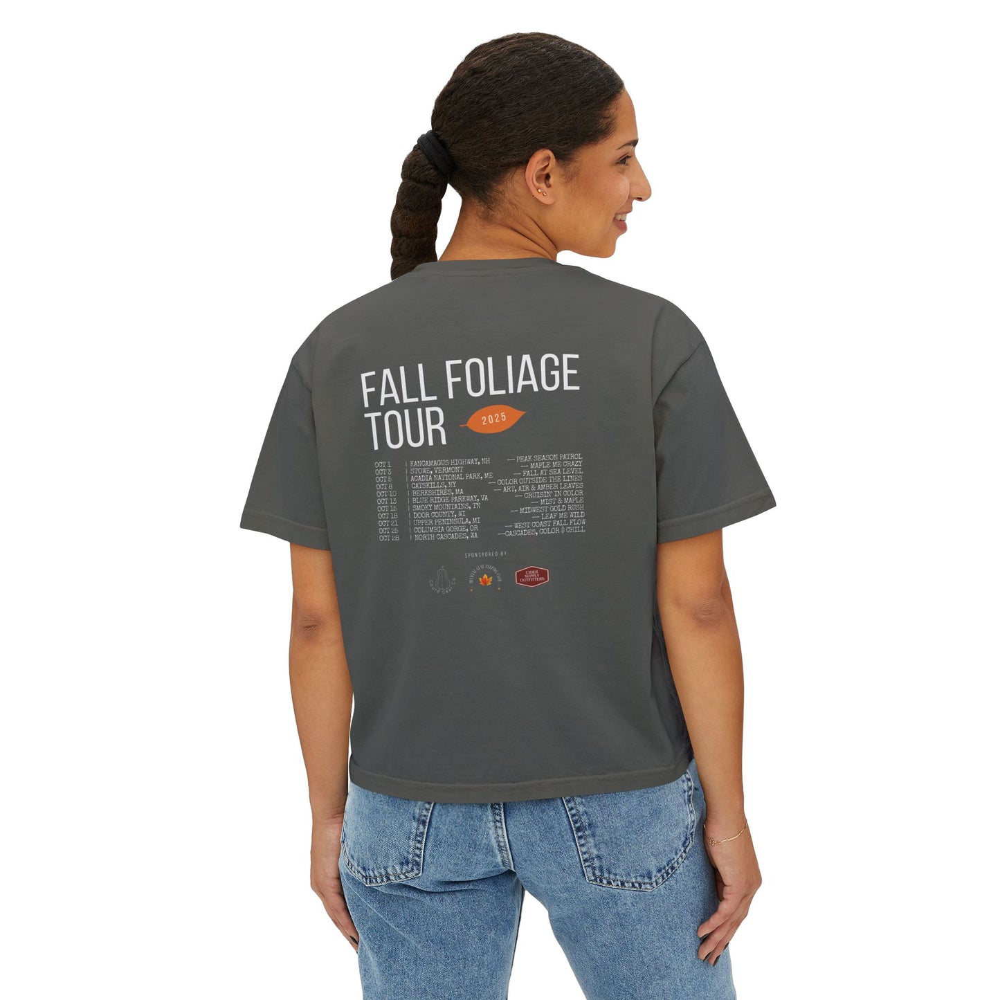 Fall Concert Style Leaf Peeping Graphic Tee, Fall Leaves and Colors Travel Theme- Women's Relaxed Short Sleeve Boxy Fit T-Shirt