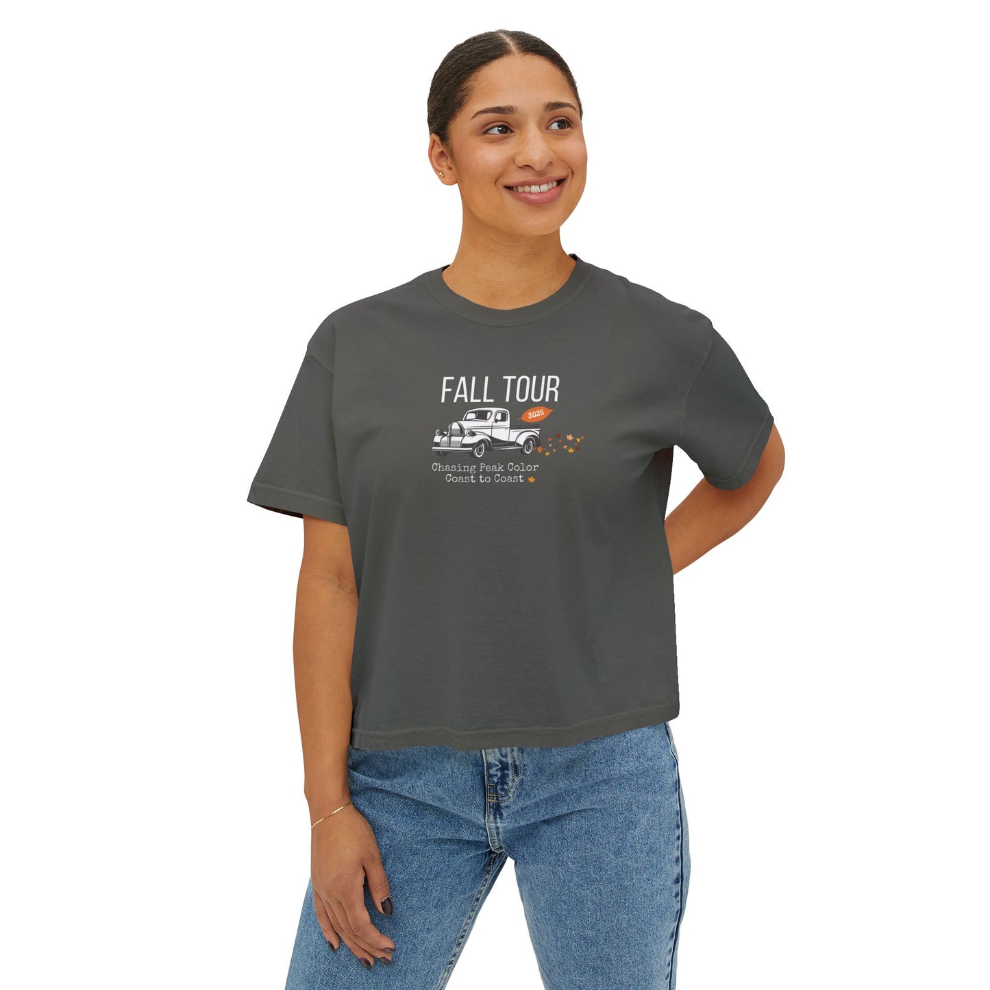 Fall Concert Style Leaf Peeping Graphic Tee, Fall Leaves and Colors Travel Theme- Women's Relaxed Short Sleeve Boxy Fit T-Shirt