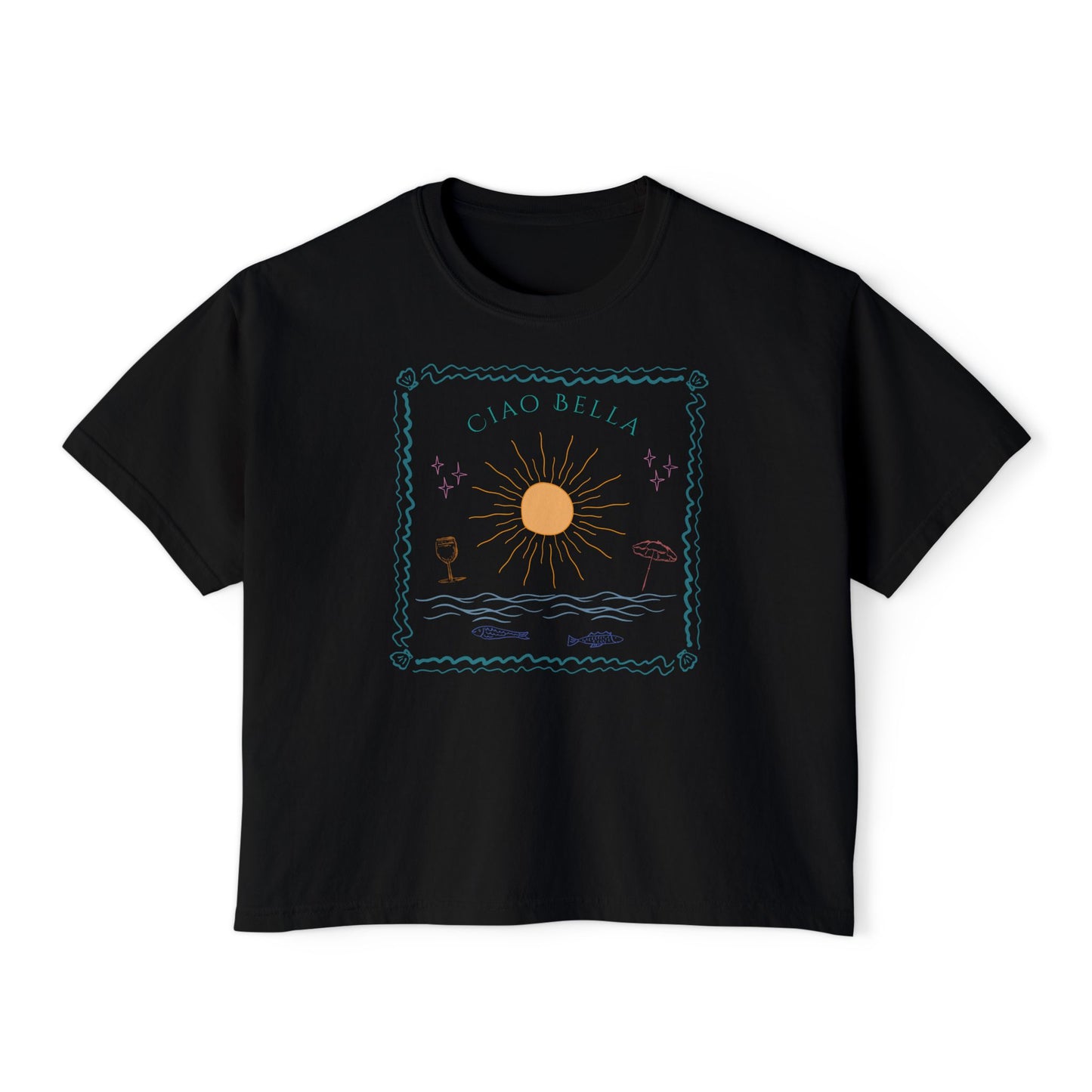 Ciao Bella Boxy Graphic Tee, Summer Italian Travel Theme- Women's Relaxed Short Sleeve Fit T-Shirt