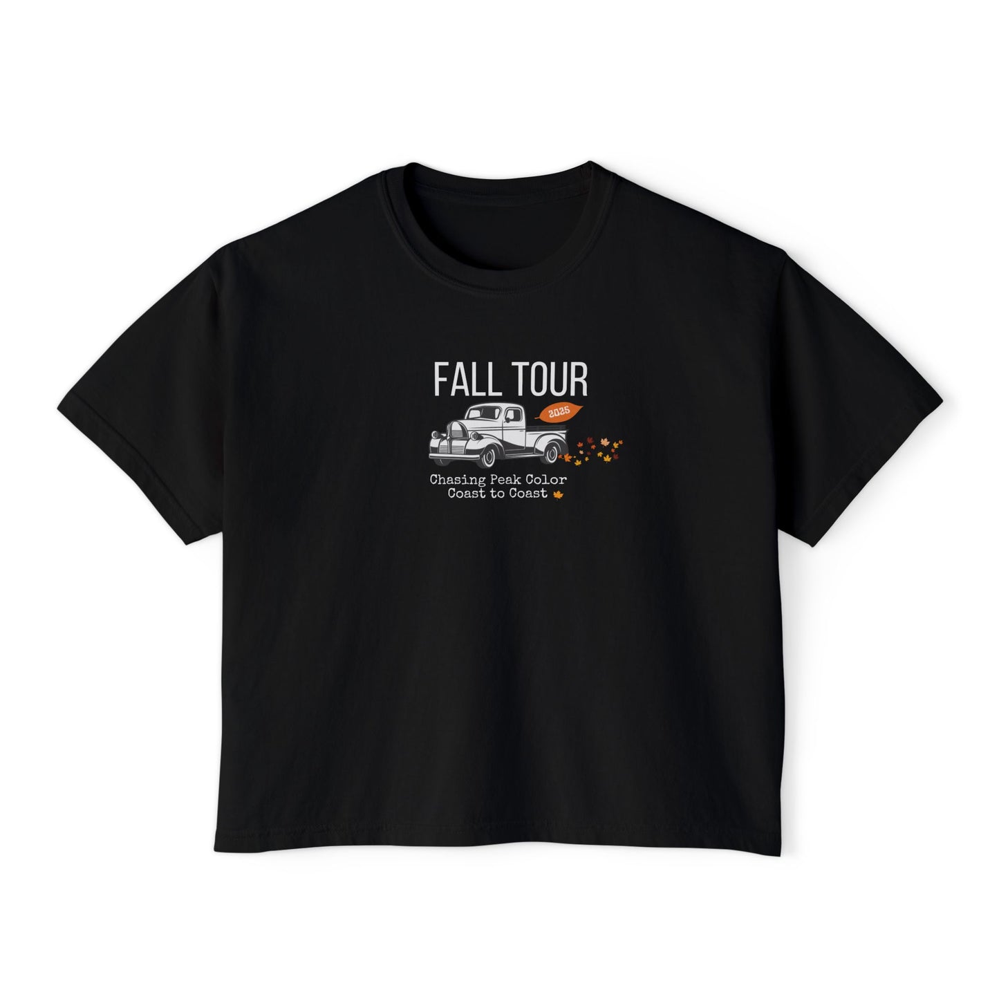 Fall Concert Style Leaf Peeping Graphic Tee, Fall Leaves and Colors Travel Theme- Women's Relaxed Short Sleeve Boxy Fit T-Shirt