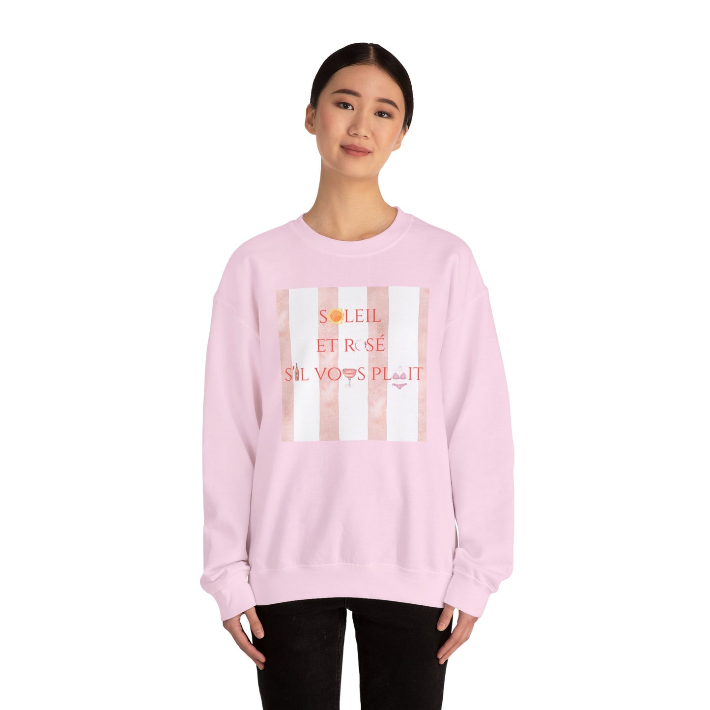 France-Inspired Rosé Summer Striped Graphic Crewneck Sweatshirt With French Vibes