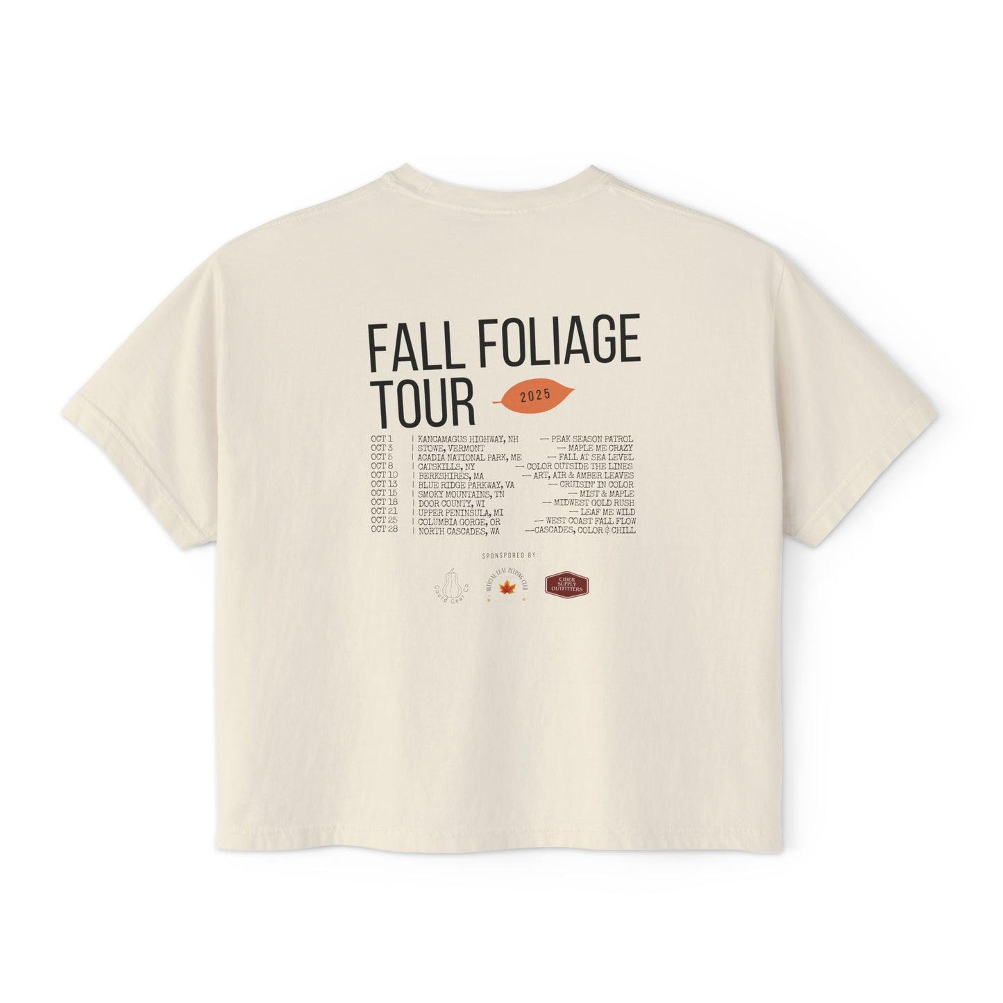 Fall Concert Style Leaf Peeping Graphic Tee, Fall Leaves and Colors Travel Theme- Women's Relaxed Short Sleeve Boxy Fit T-Shirt