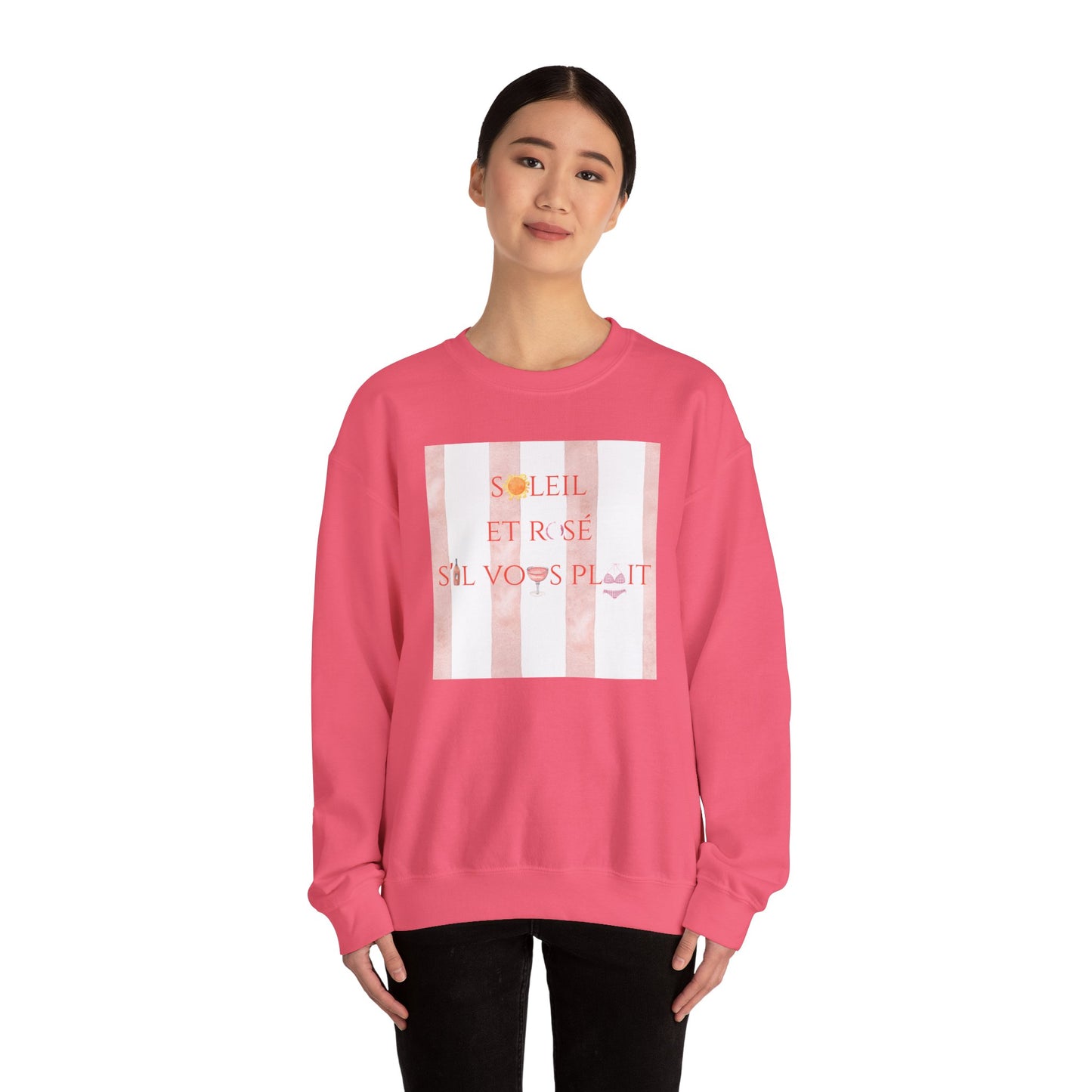 France-Inspired Rosé Summer Striped Graphic Crewneck Sweatshirt With French Vibes