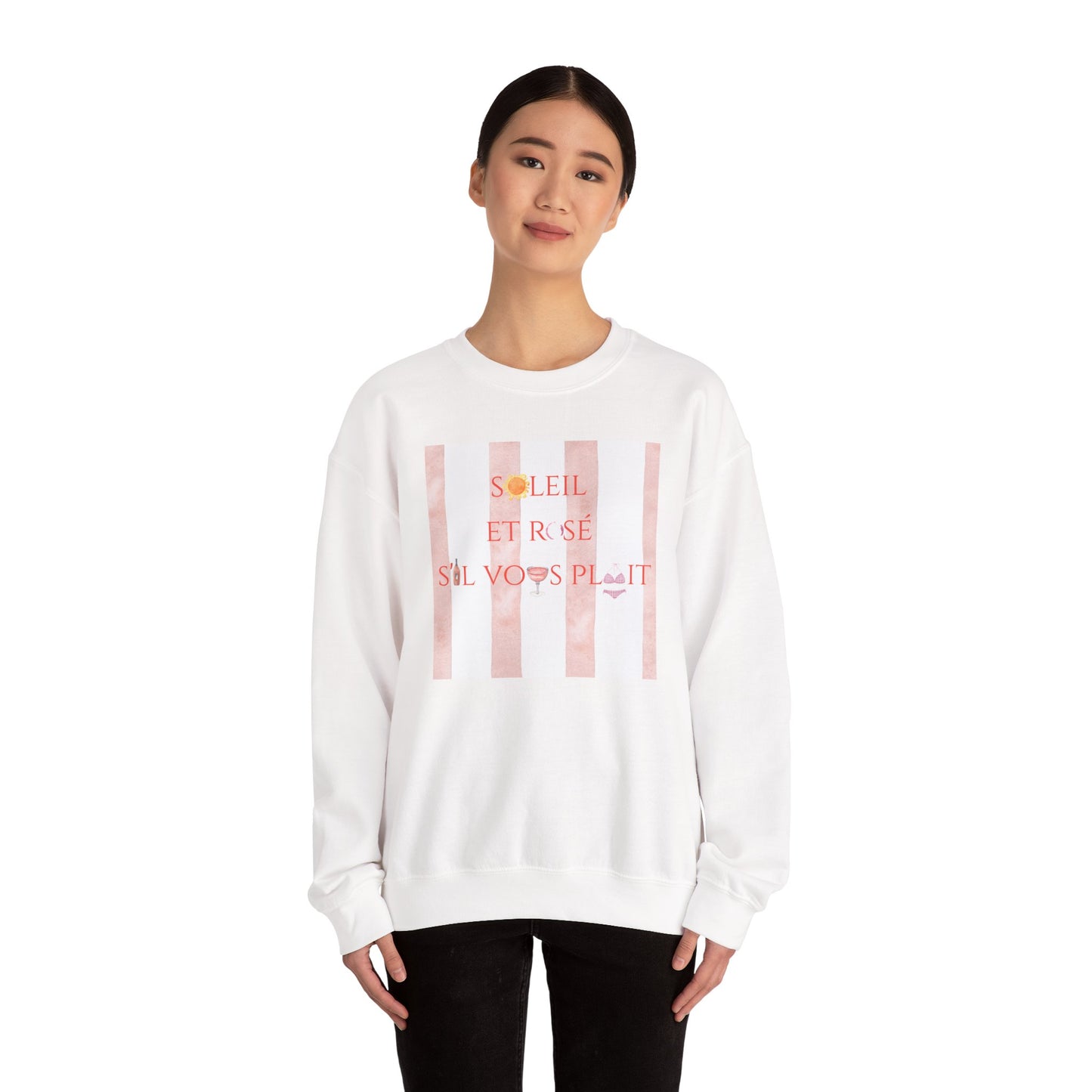 France-Inspired Rosé Summer Striped Graphic Crewneck Sweatshirt With French Vibes