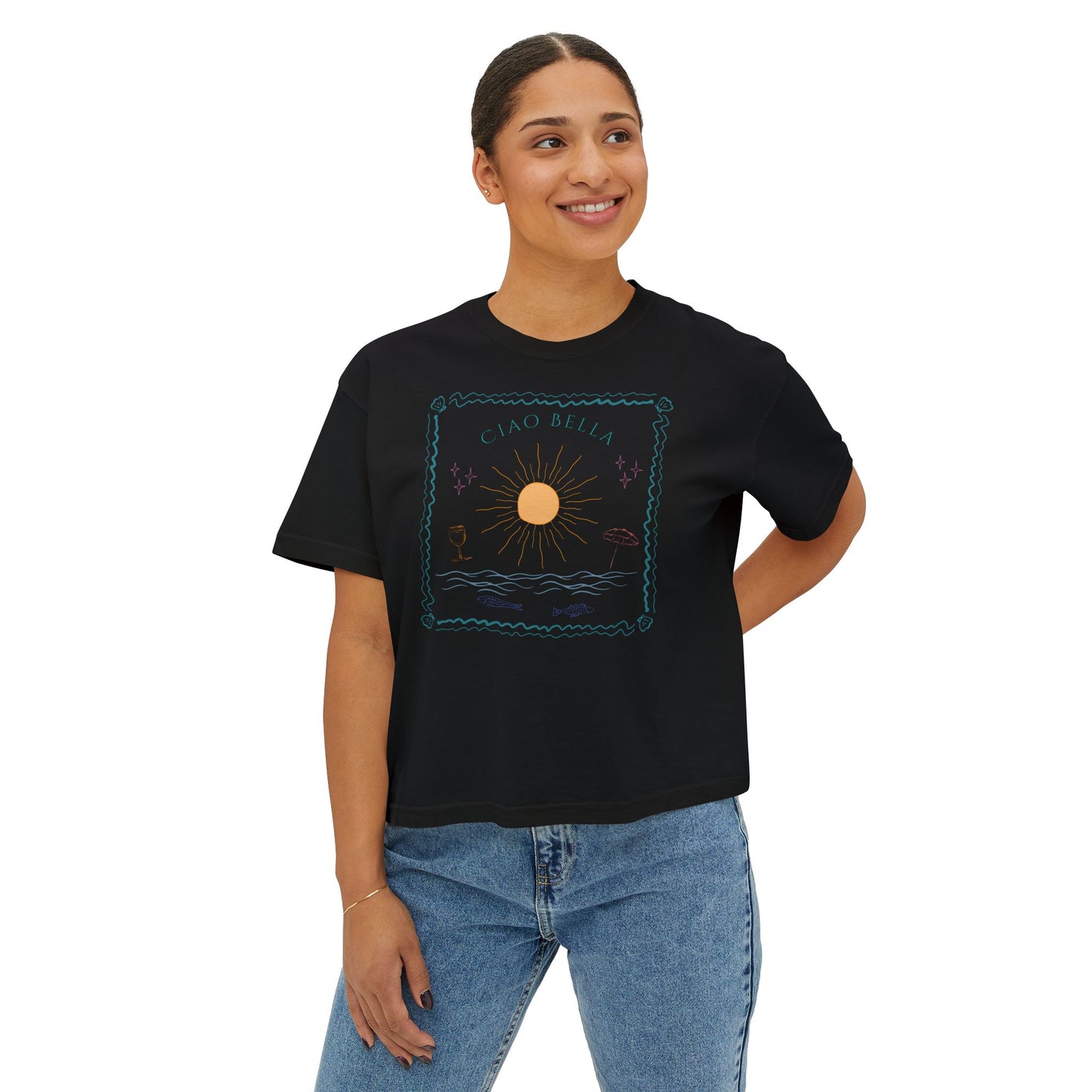 Ciao Bella Boxy Graphic Tee, Summer Italian Travel Theme- Women's Relaxed Short Sleeve Fit T-Shirt