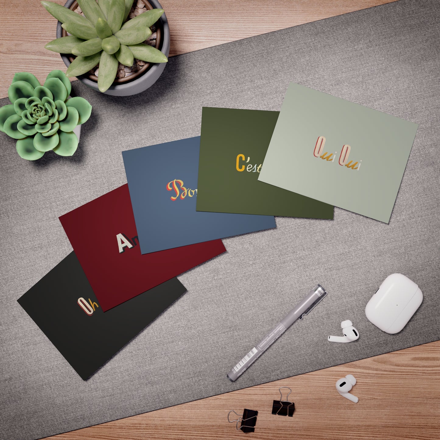 French Phrases in Parisian Letters Colorful Greeting Cards 5-Pack | Oui Oui, Bonjour, Amour, C'est la Vie, Ohlala