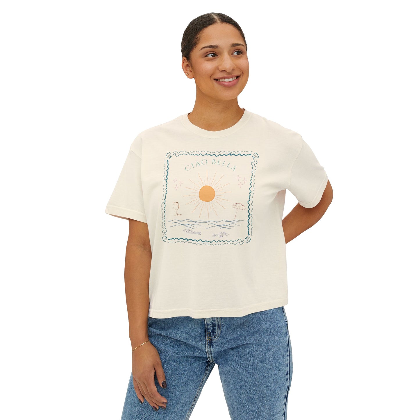 Ciao Bella Boxy Graphic Tee, Summer Italian Travel Theme- Women's Relaxed Short Sleeve Fit T-Shirt