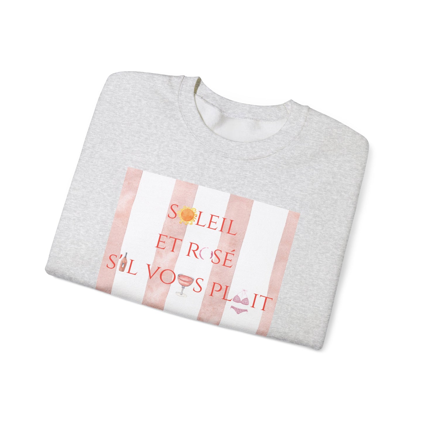 France-Inspired Rosé Summer Striped Graphic Crewneck Sweatshirt With French Vibes