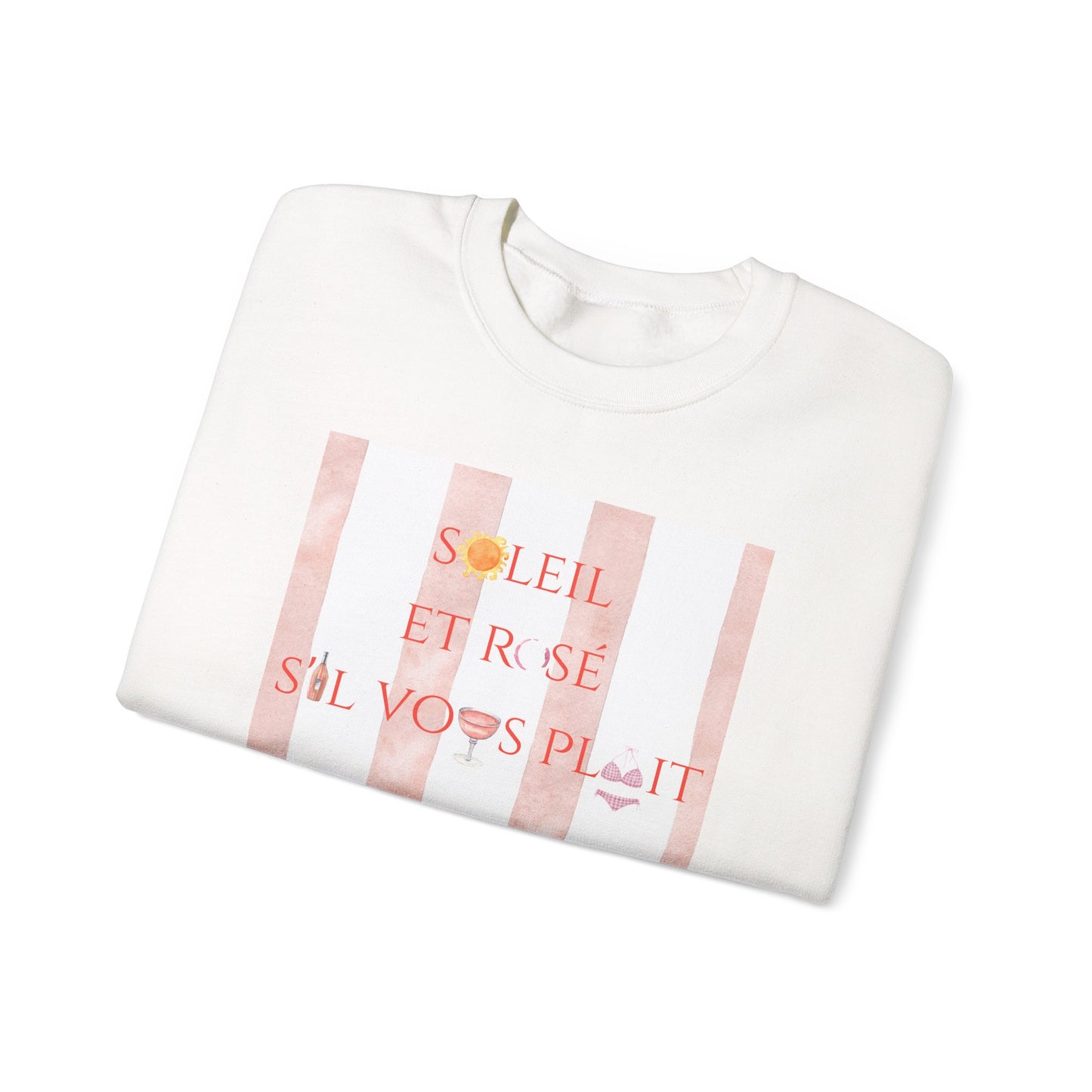 France-Inspired Rosé Summer Striped Graphic Crewneck Sweatshirt With French Vibes