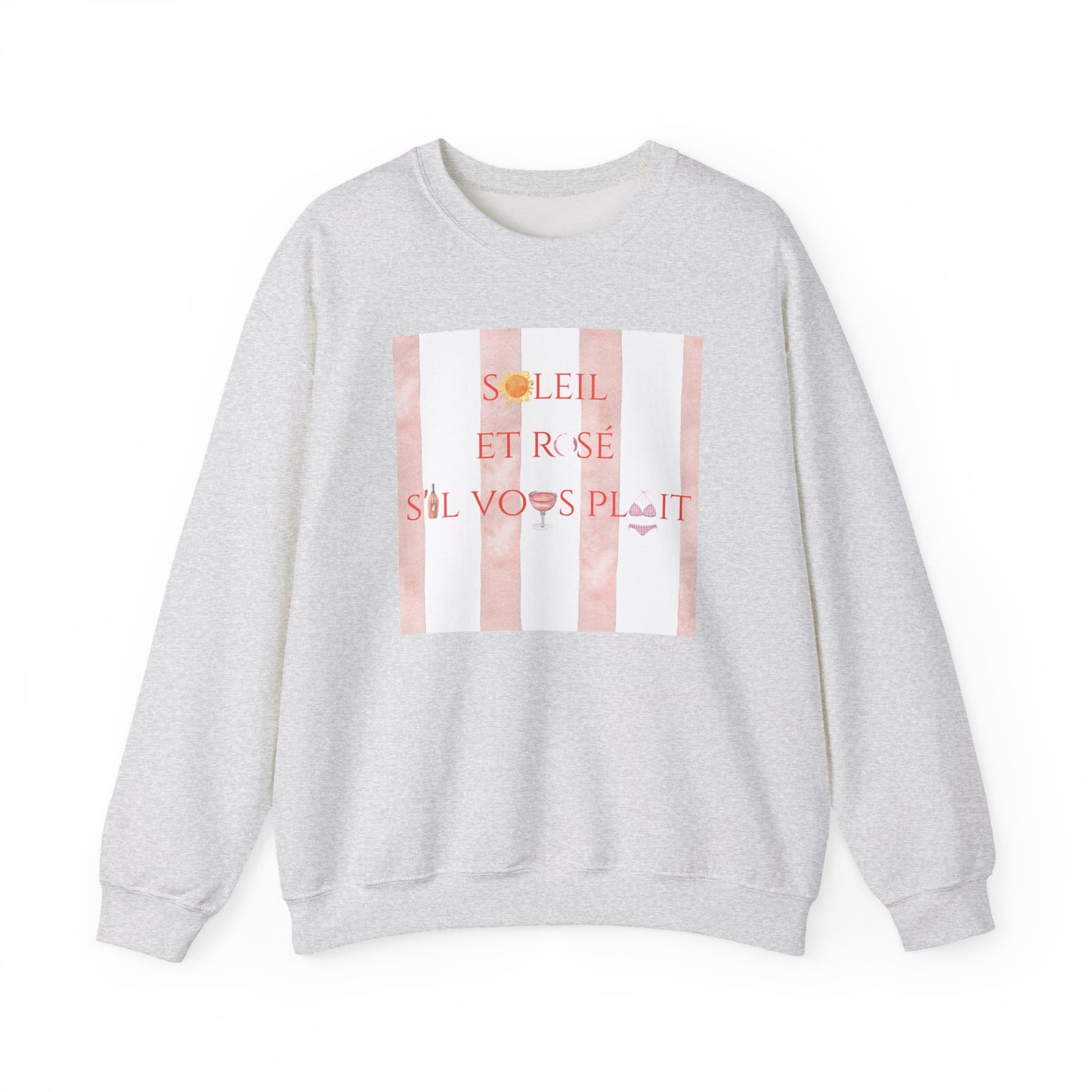 France-Inspired Rosé Summer Striped Graphic Crewneck Sweatshirt With French Vibes