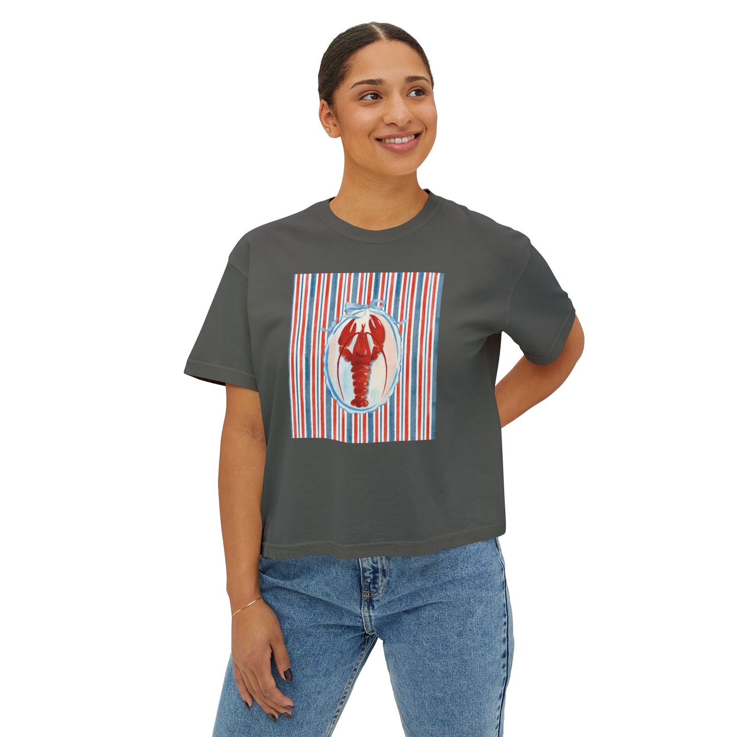 New England Lobster Vibe Boxy Graphic Tee, Nautical, Coastal Theme- Women's Relaxed Short Sleeve Fit T-Shirt