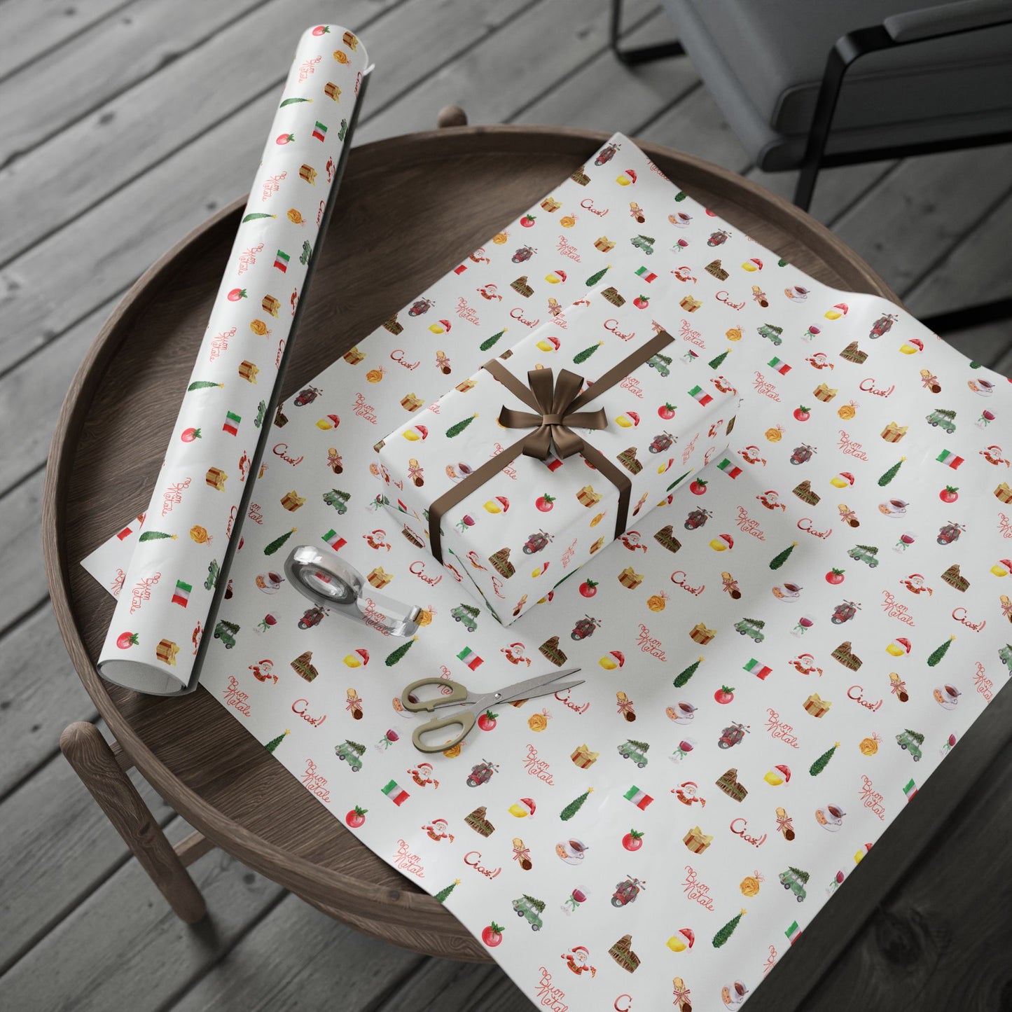 Gift wrap paper with festive Italian designs on a wooden table
