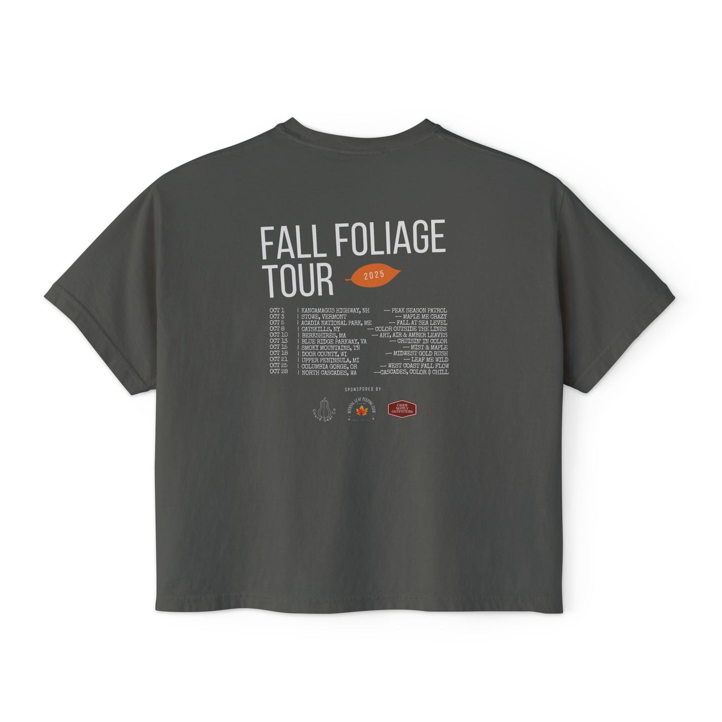 Fall Concert Style Leaf Peeping Graphic Tee, Fall Leaves and Colors Travel Theme- Women's Relaxed Short Sleeve Boxy Fit T-Shirt
