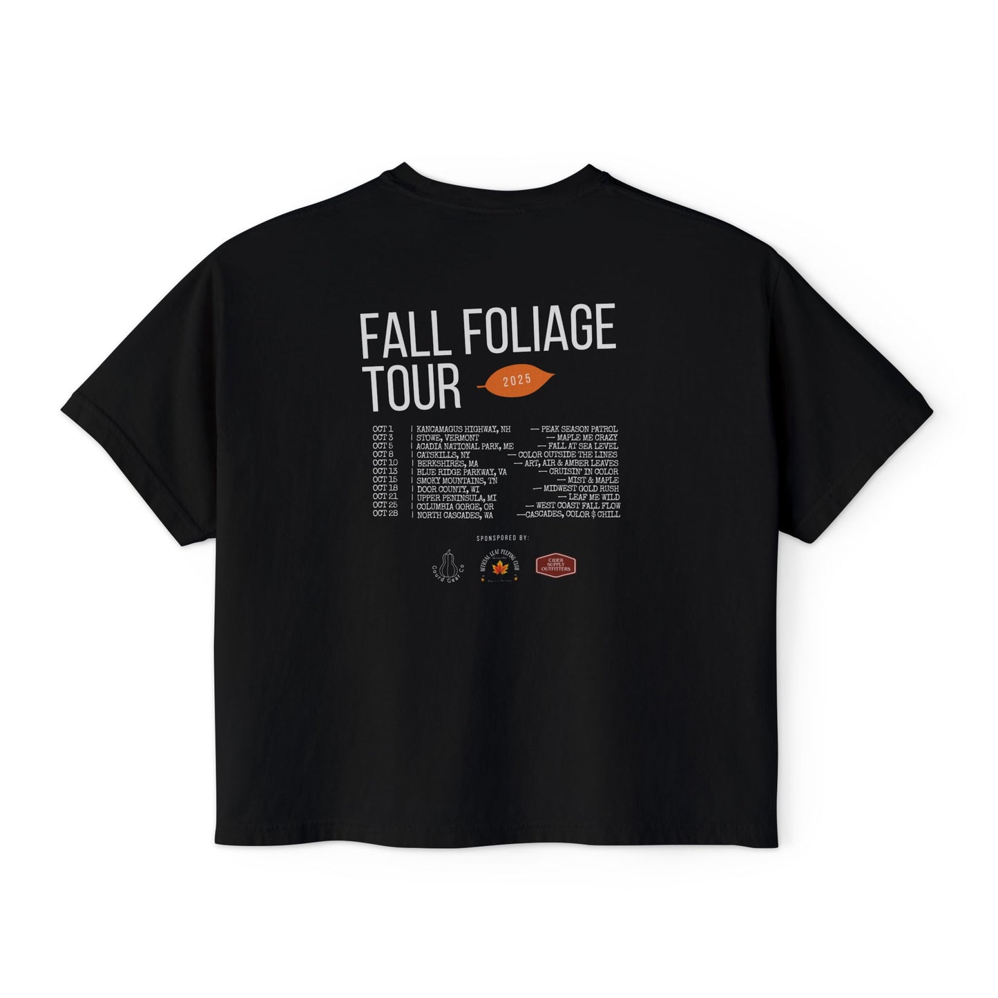 Fall Concert Style Leaf Peeping Graphic Tee, Fall Leaves and Colors Travel Theme- Women's Relaxed Short Sleeve Boxy Fit T-Shirt