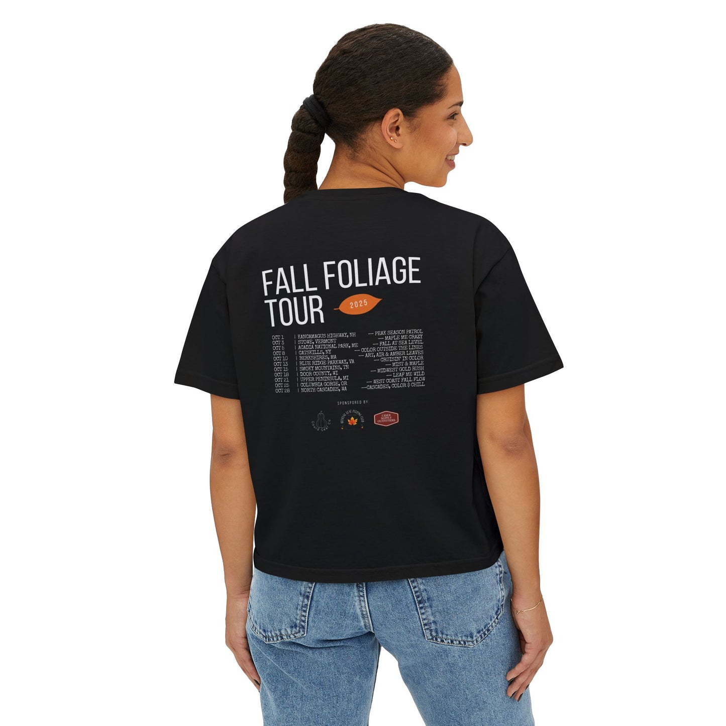 Fall Concert Style Leaf Peeping Graphic Tee, Fall Leaves and Colors Travel Theme- Women's Relaxed Short Sleeve Boxy Fit T-Shirt
