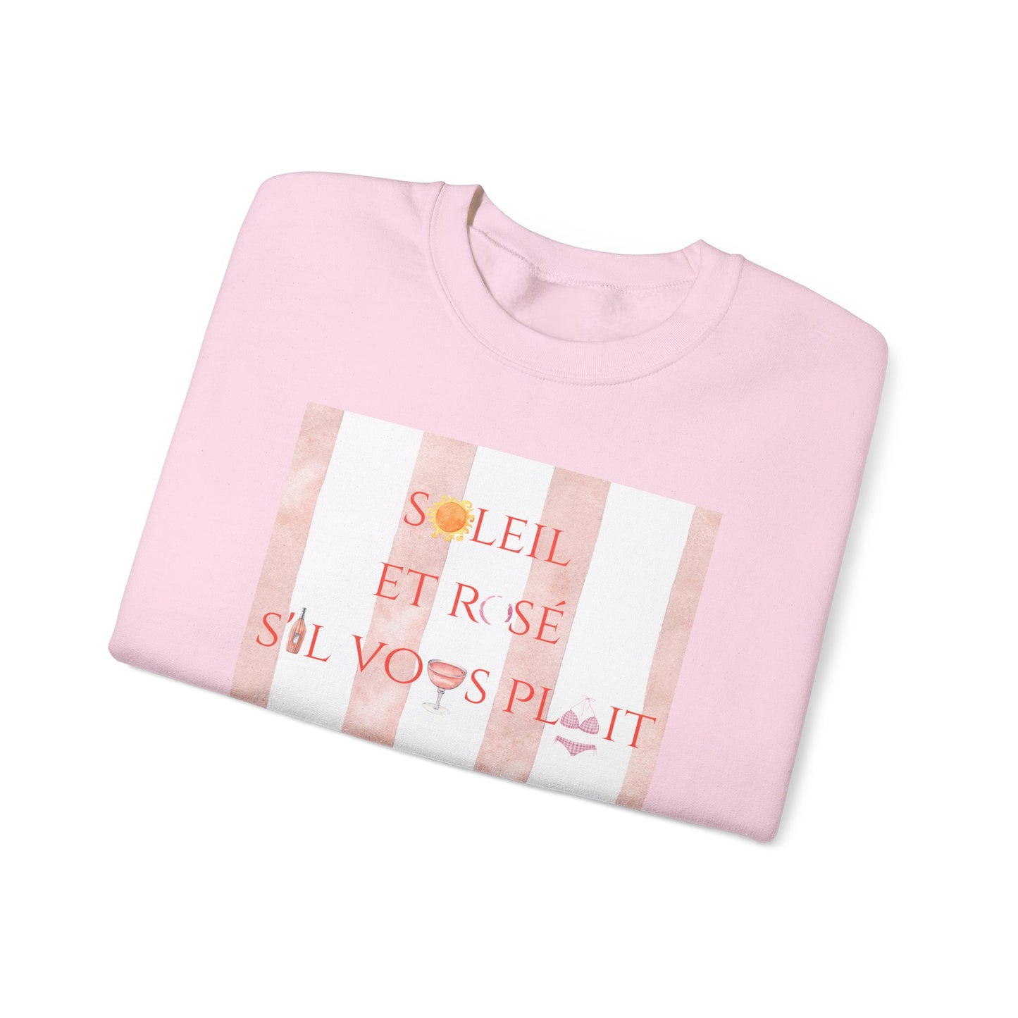 France-Inspired Rosé Summer Striped Graphic Crewneck Sweatshirt With French Vibes