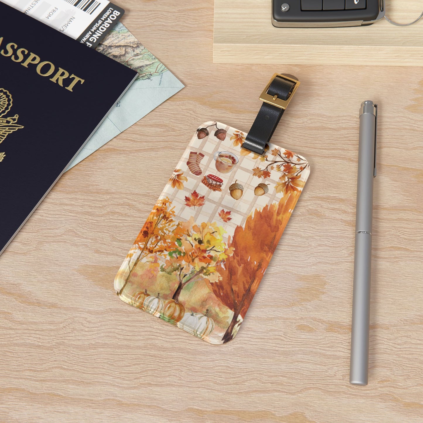 Fall Vibes Leaves and Pumpkin Travel Luggage Tag - Perfect for Fall, Cozy Travel- Autumn Gift, Wanderlust Essentials