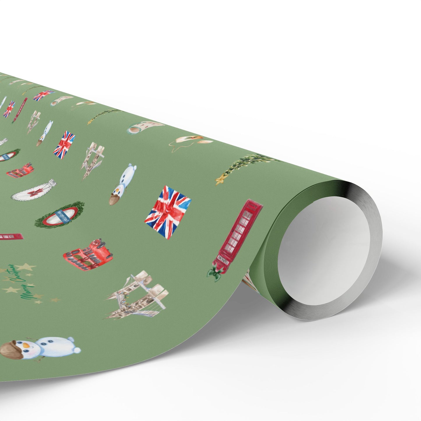 London Themed Green Christmas Festive Whimsical Wrapping Paper For Holiday, Christmas Gifts