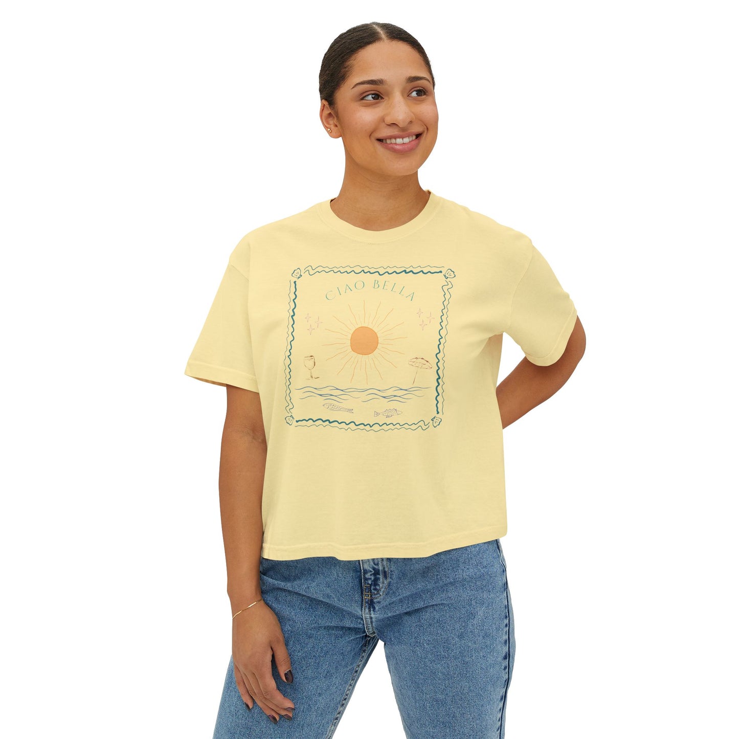 Ciao Bella Boxy Graphic Tee, Summer Italian Travel Theme- Women's Relaxed Short Sleeve Fit T-Shirt