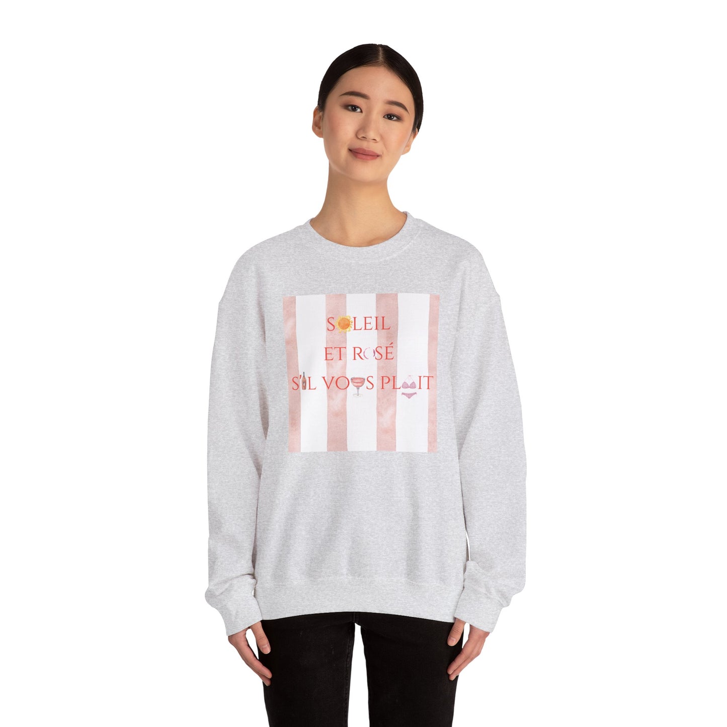France-Inspired Rosé Summer Striped Graphic Crewneck Sweatshirt With French Vibes