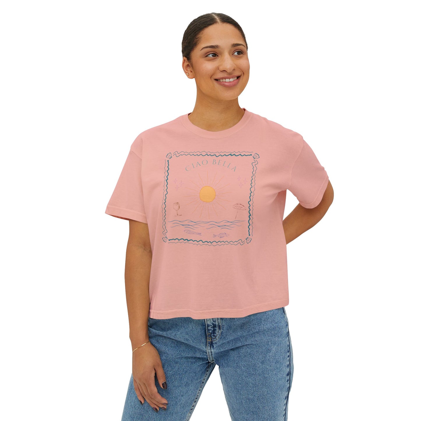 Ciao Bella Boxy Graphic Tee, Summer Italian Travel Theme- Women's Relaxed Short Sleeve Fit T-Shirt