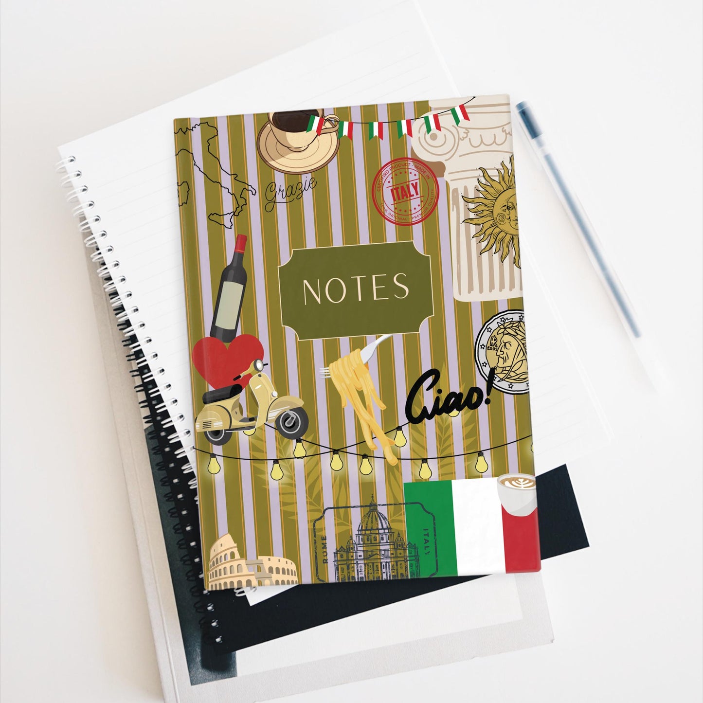 Italian Inspired Hard Back Travel Journal - Blank Writing Notebook, Traveler's Sketchbook, Travel Notes with Rome Italy Design