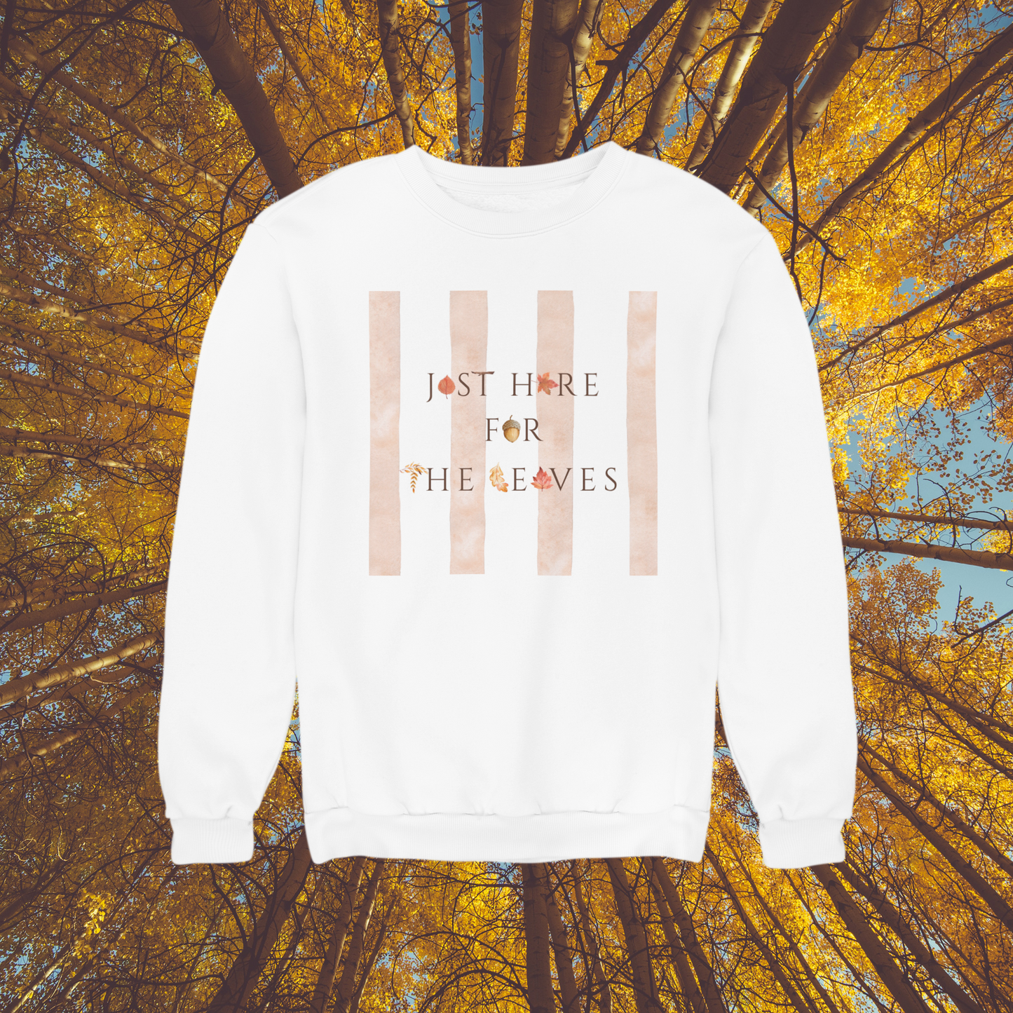 Just Here For the Leaves- Fall Leaf Foliage-Inspired Striped Graphic Crewneck Sweatshirt With Autumn Color Vibes