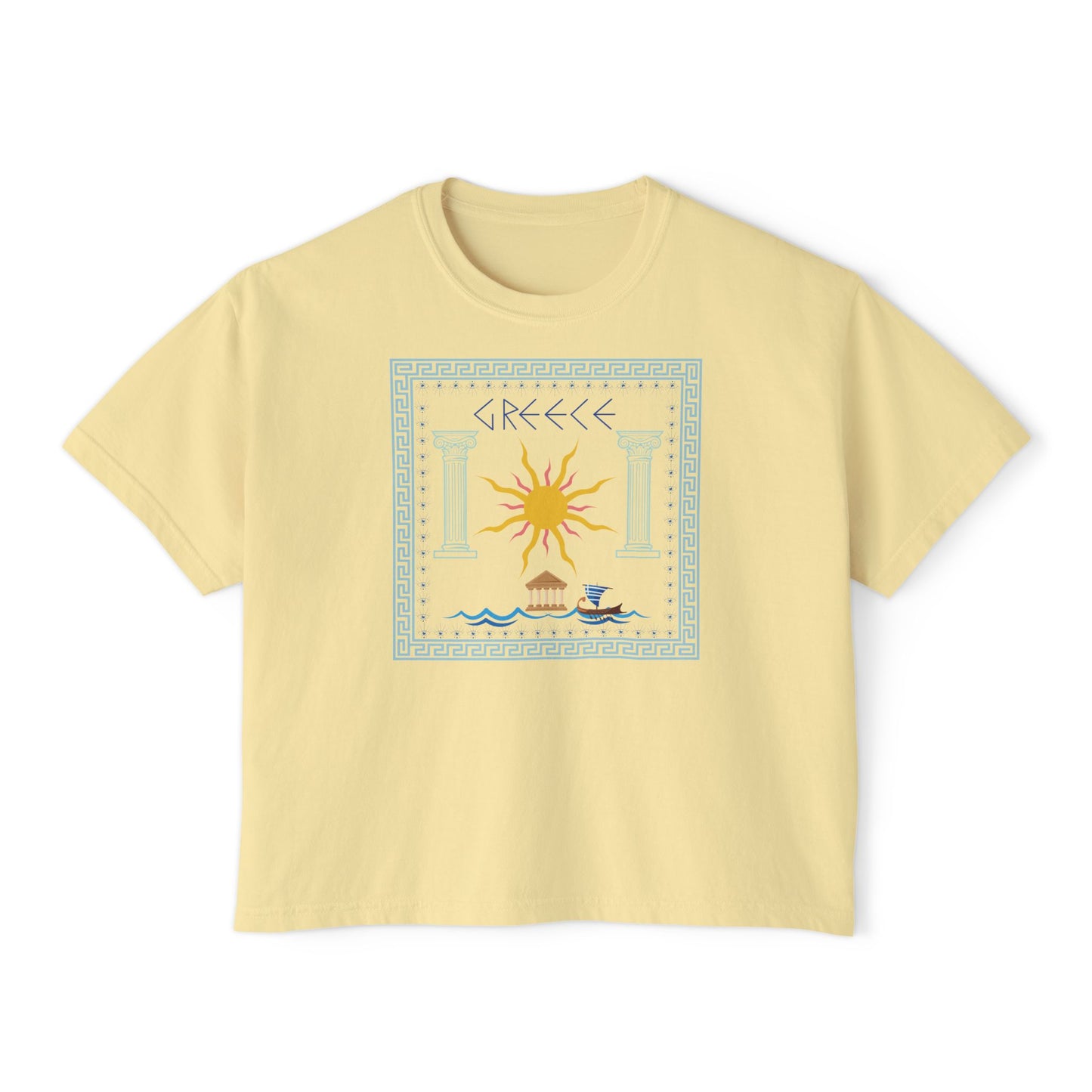 Greek Summer Boxy Graphic Tee,  Summer Greece Travel Theme- Women's Relaxed Short Sleeve Fit T-Shirt