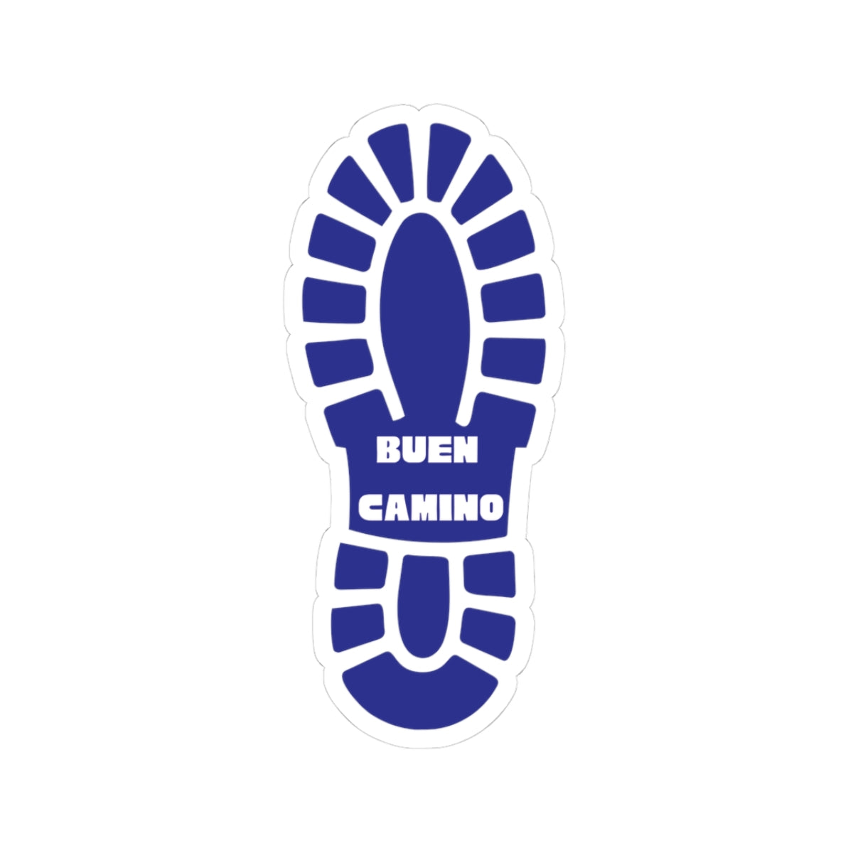 Blue shoe sole with 'Buen Camino' text on a white background