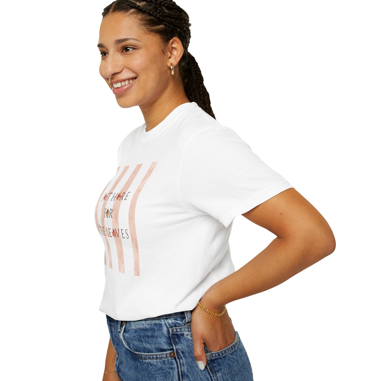 Just Here For the Leaves- Fall Leaf Foliage-Inspired Striped Graphic Crewneck Tee