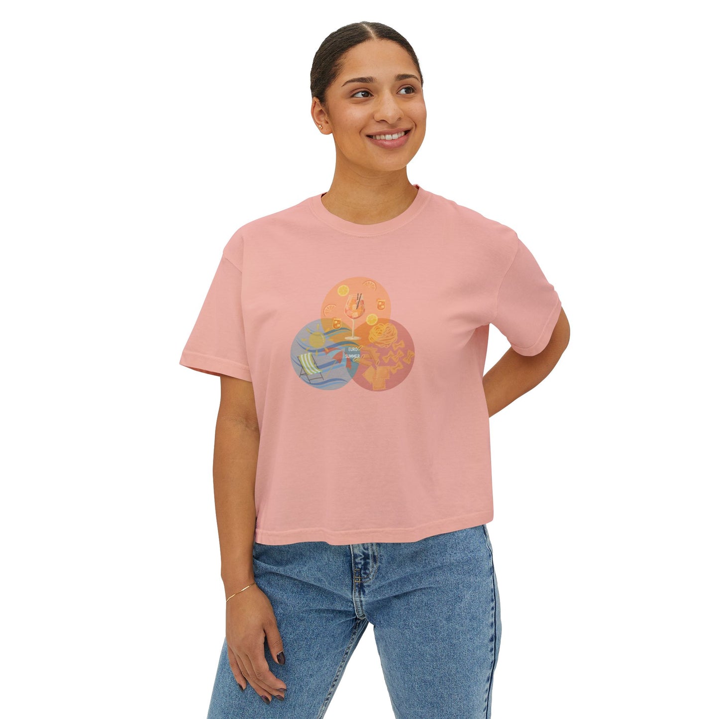 Euro Summer Venn Diagram Boxy Graphic Tee,  Summer Italian Travel Theme- Women's Relaxed Short Sleeve Fit T-Shirt