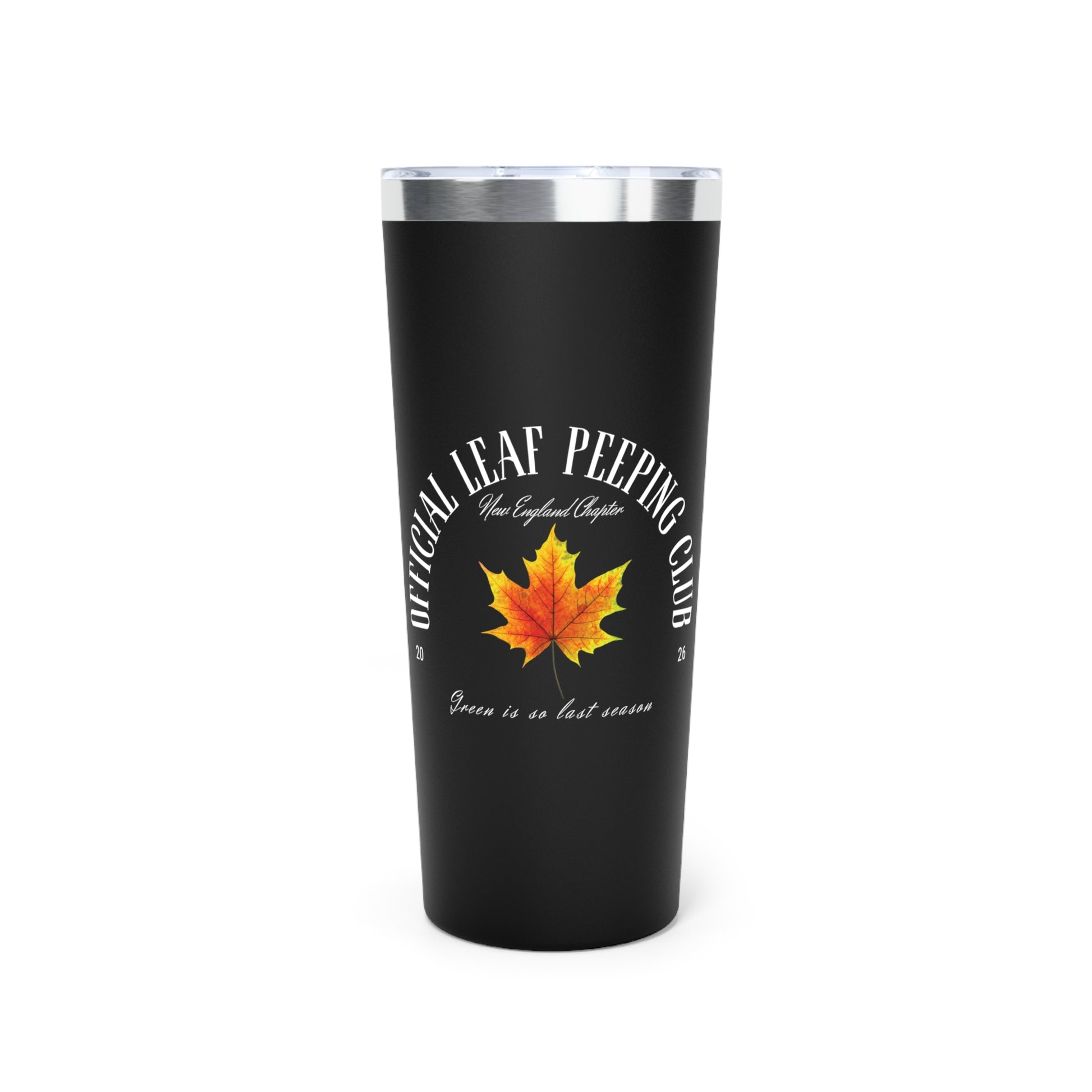 A black insulated travel tumbler with a silver metal rim, featuring a graphic of a red and yellow maple leaf with the text 'OFFICIAL LEAF PEEPING CLUB' and 'Green is so last season' on a white background.