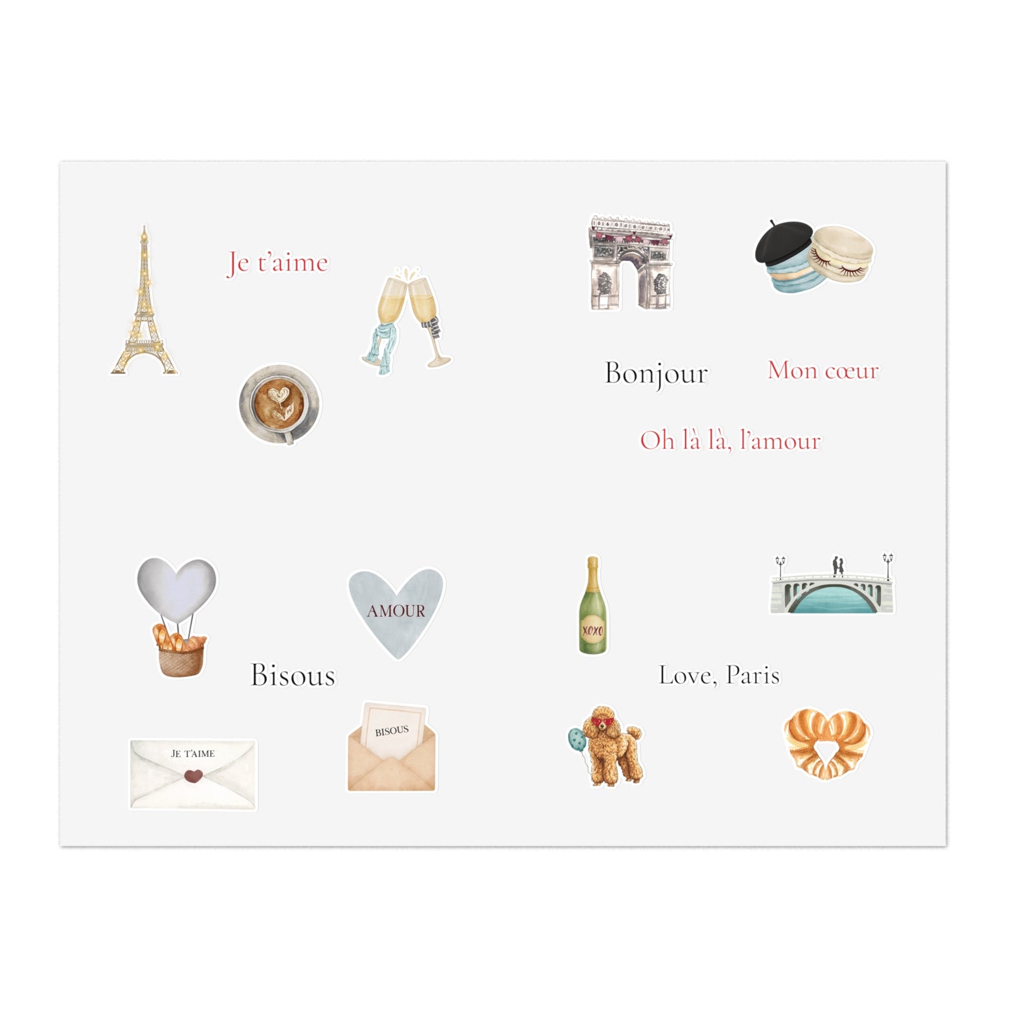 Valentine's Day in Paris Sticker Sheet Blue| Eiffel Tower, Arc de Triomphe, Macarons, Champagne