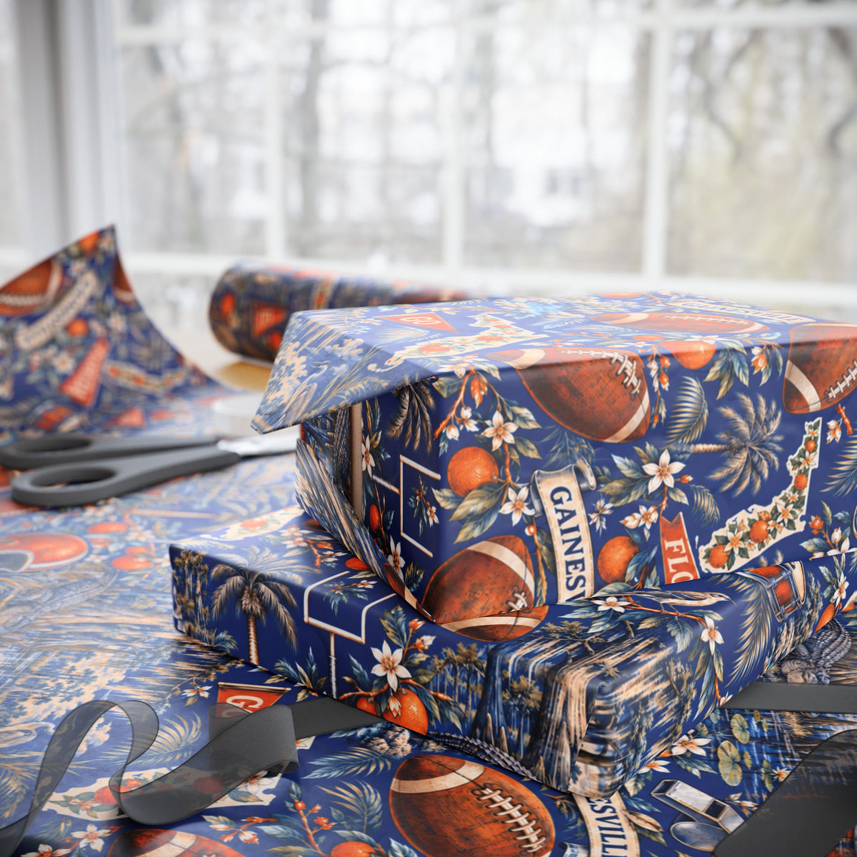 Gainesville, Florida Football Toile Wrapping Paper: Blue and Orange Gift Wrap