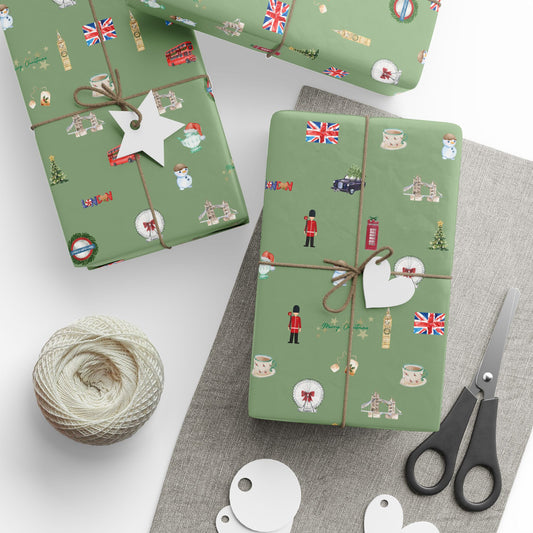 London Themed Green Christmas Festive Whimsical Wrapping Paper For Holiday, Christmas Gifts