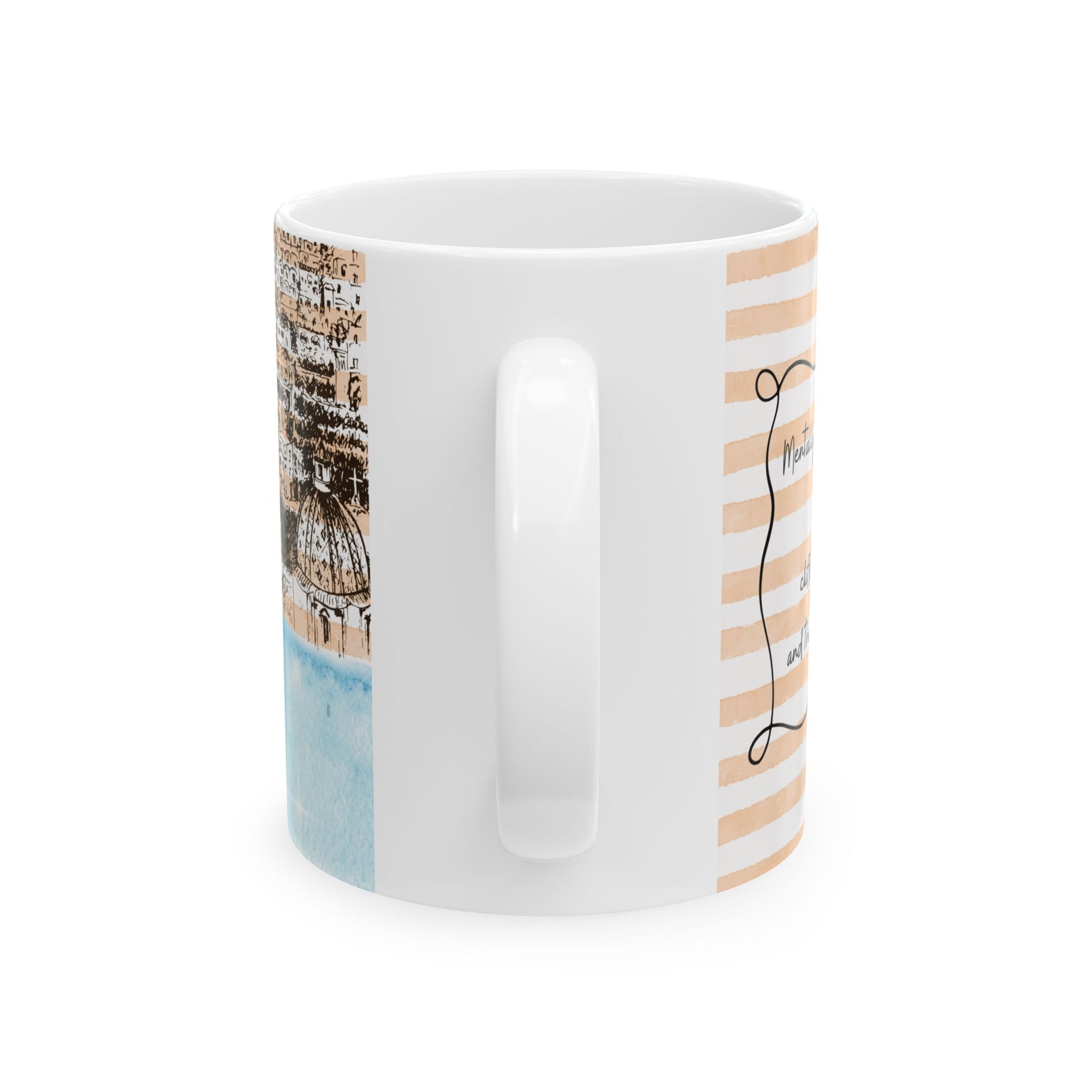 White mug with decorative stripes and patterns on a white background