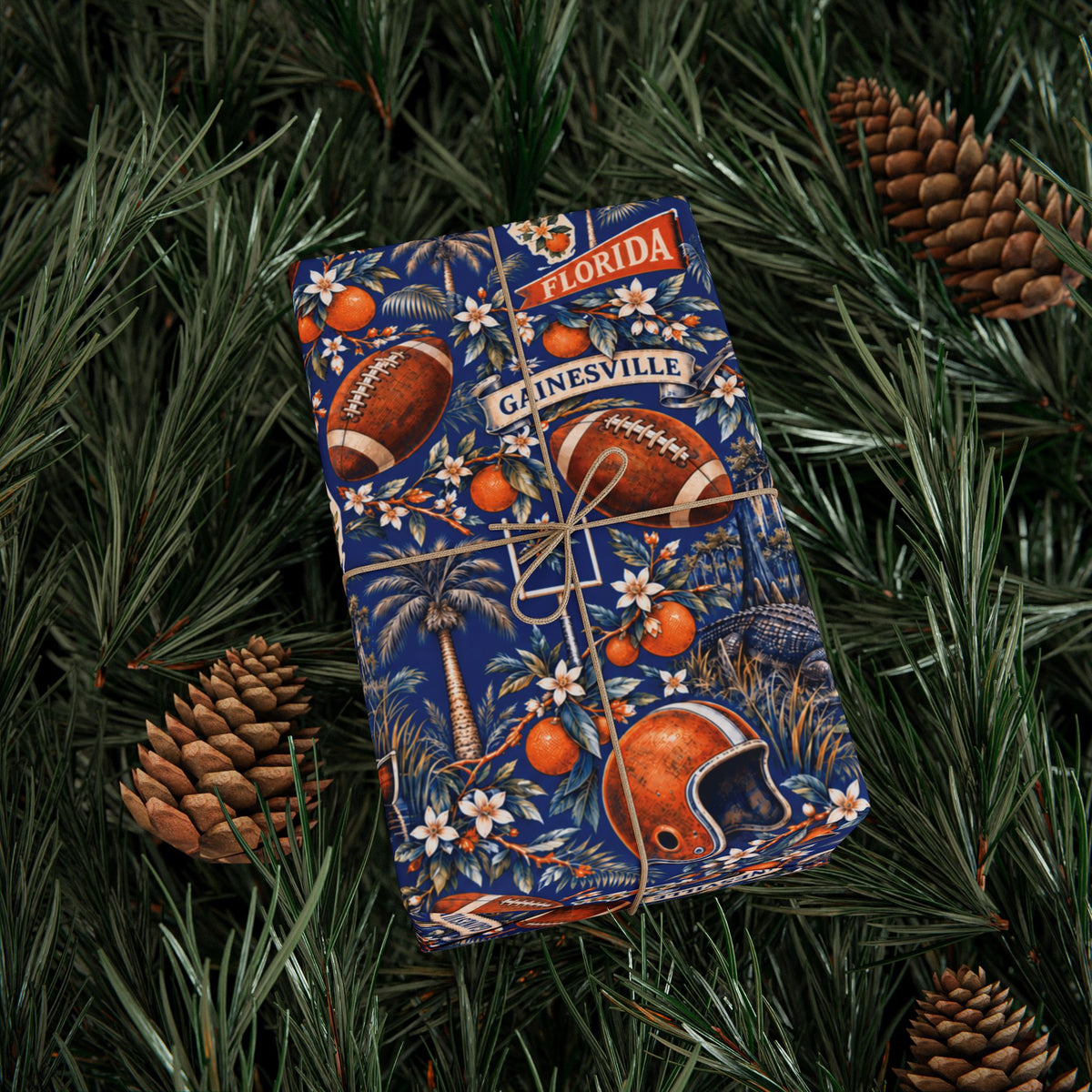 Gainesville, Florida Football Toile Wrapping Paper: Blue and Orange Gift Wrap