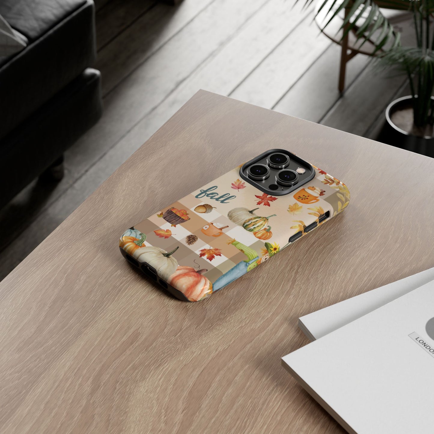 Fall Theme Phone Case, Autumn Vibes, Fall Leaves and Pumpkin Scene, Colorful Tough Case Phone Cover