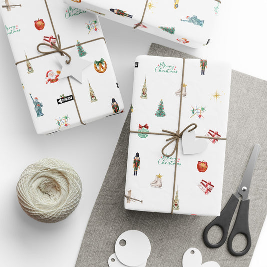 New York City Themed Christmas Festive Whimsical Wrapping Paper For Holiday, Christmas Gifts