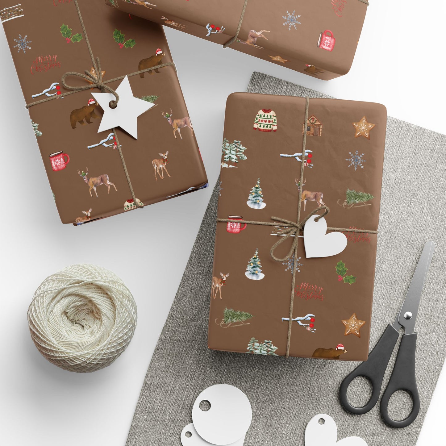 Mountain Themed Brown Christmas Festive Whimsical Wrapping Paper For Holiday, Christmas Gifts