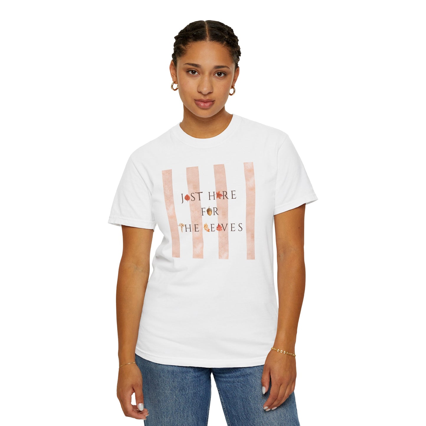 Just Here For the Leaves- Fall Leaf Foliage-Inspired Striped Graphic Crewneck Tee