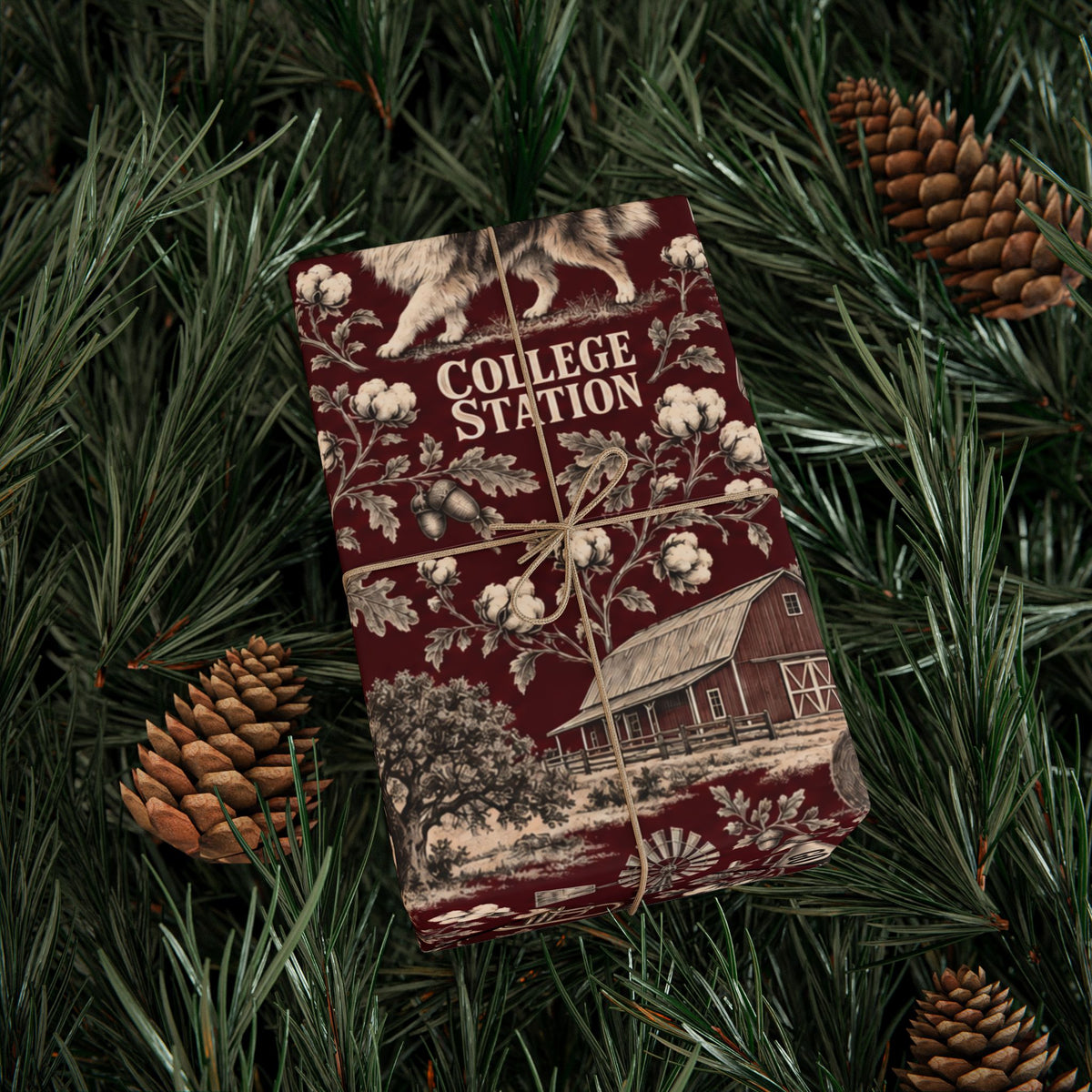 College Station, Texas Football Toile Wrapping Paper: Maroon and White Gift Wrap