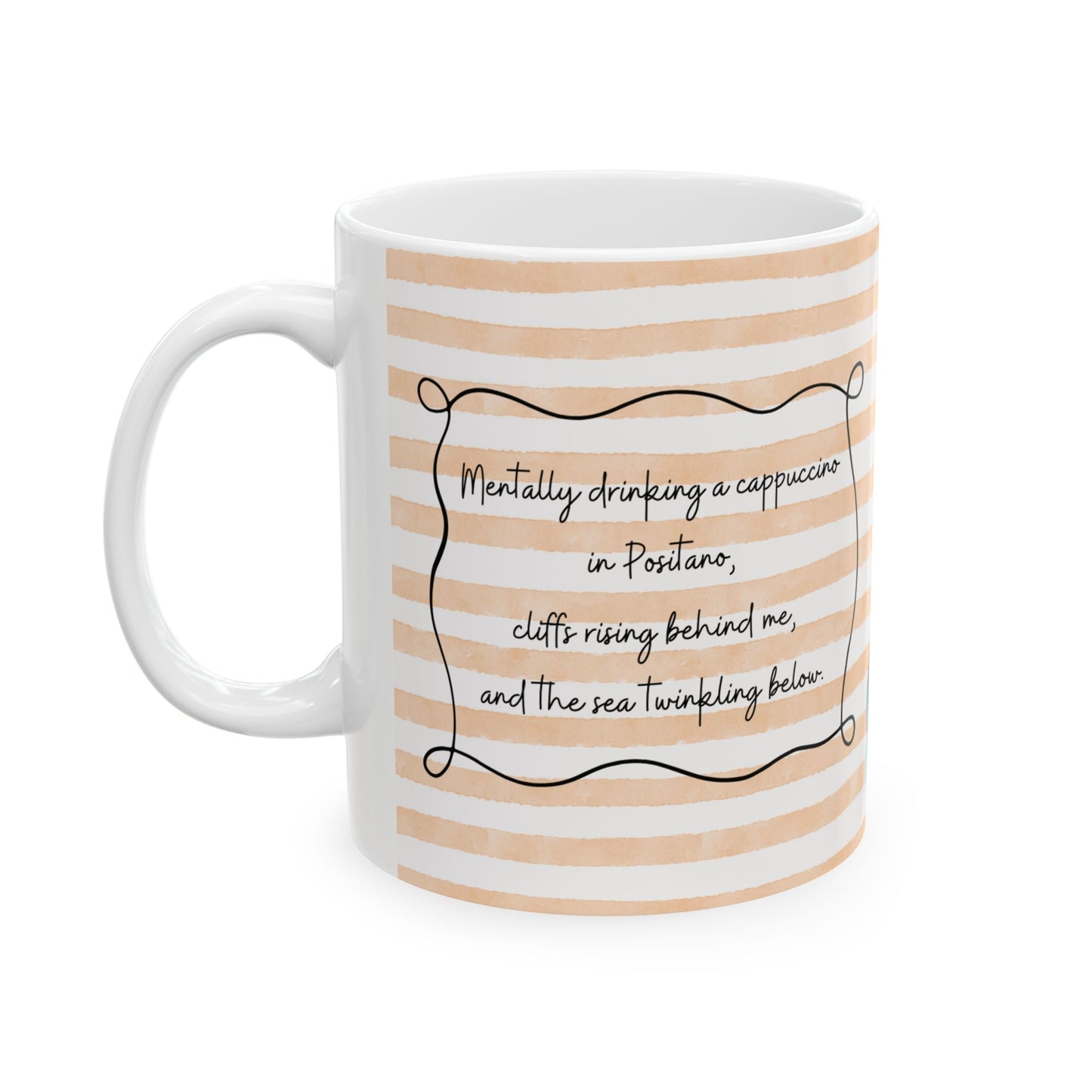 Mug with striped design and Italy text on a white background